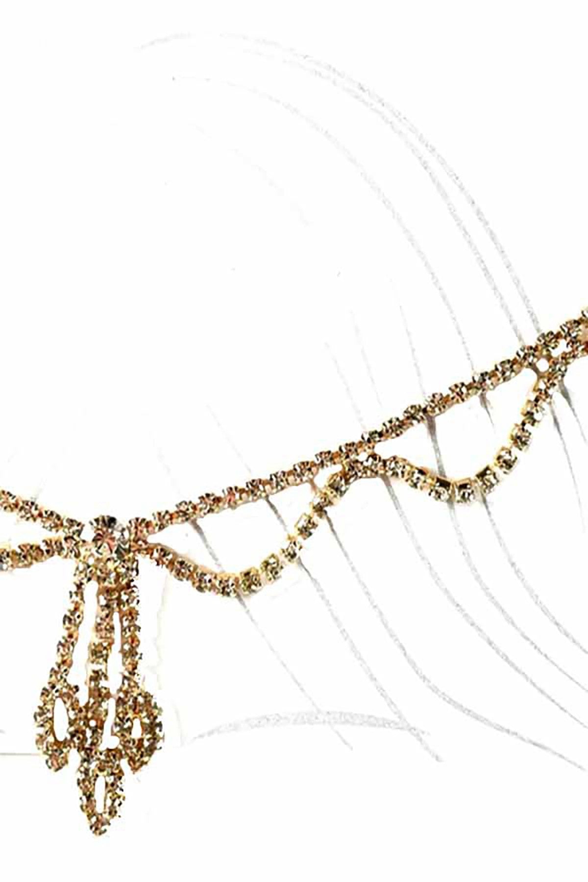 A glamorous rhinestone head chain featuring sparkling stones, designed for stylish wear.