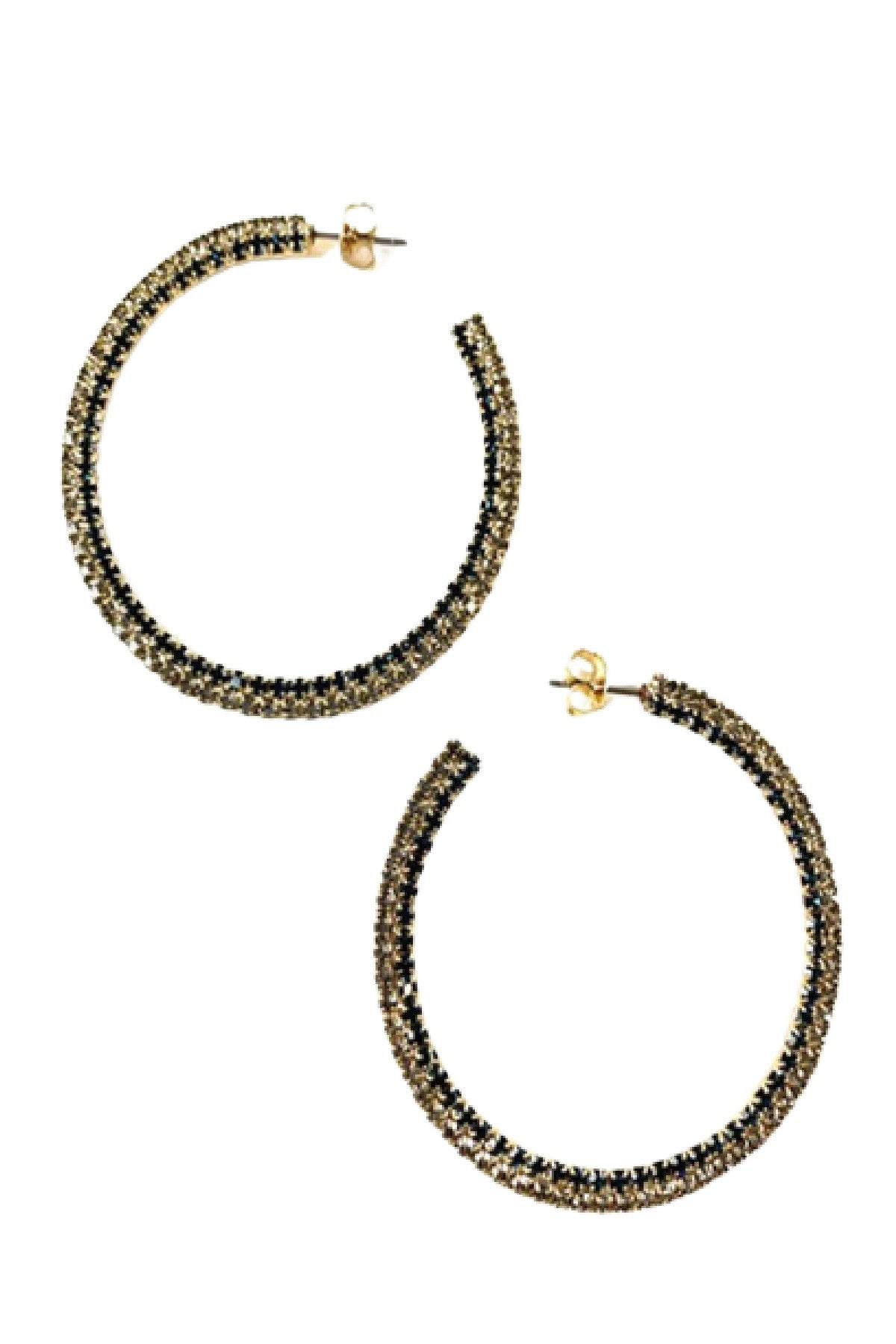 A pair of elegant rhinestone hoop earrings with a 2-inch diameter, featuring a sparkling design and secure post back closure.