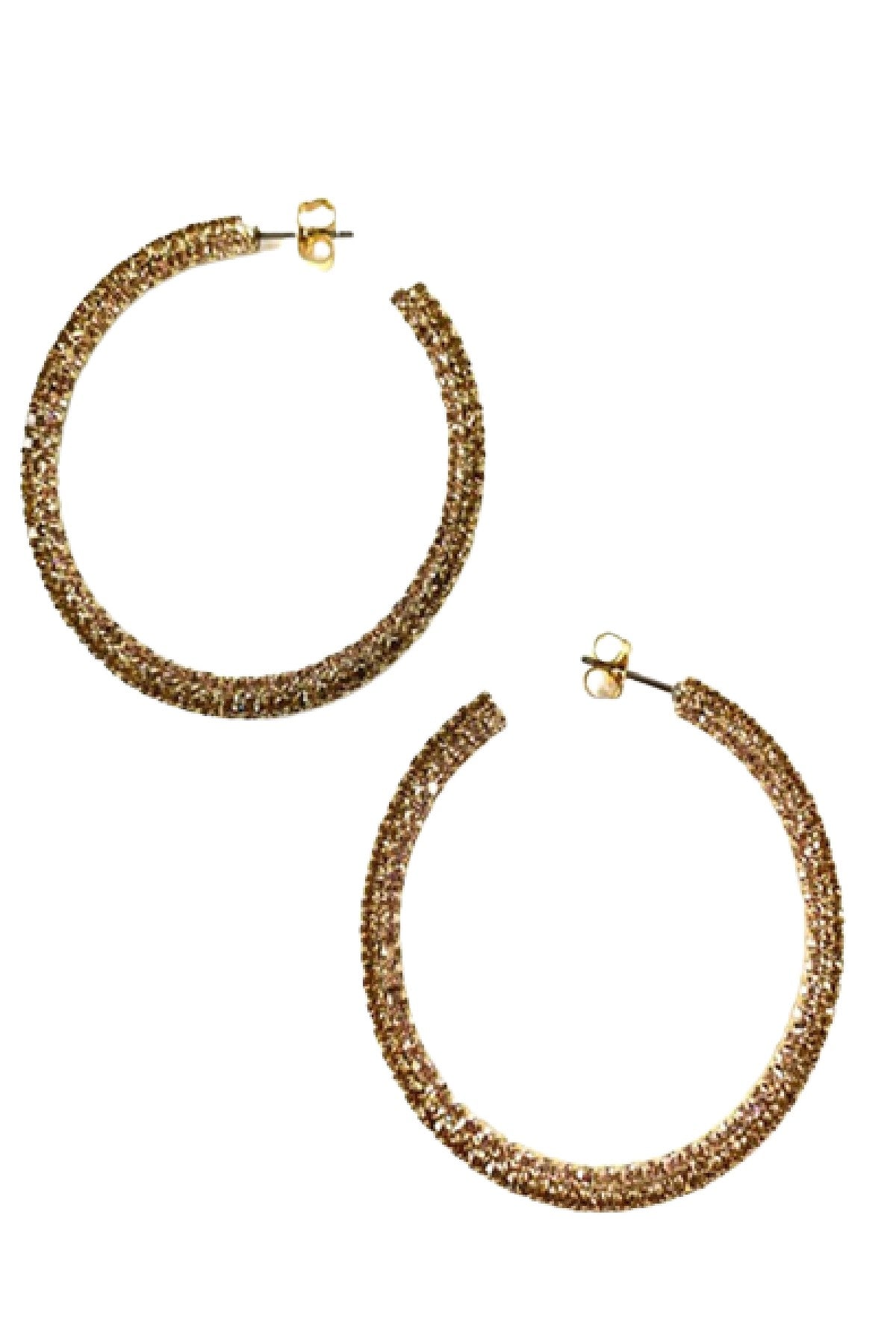 A pair of elegant rhinestone hoop earrings with a 2-inch diameter, featuring a sparkling design and secure post back closure.