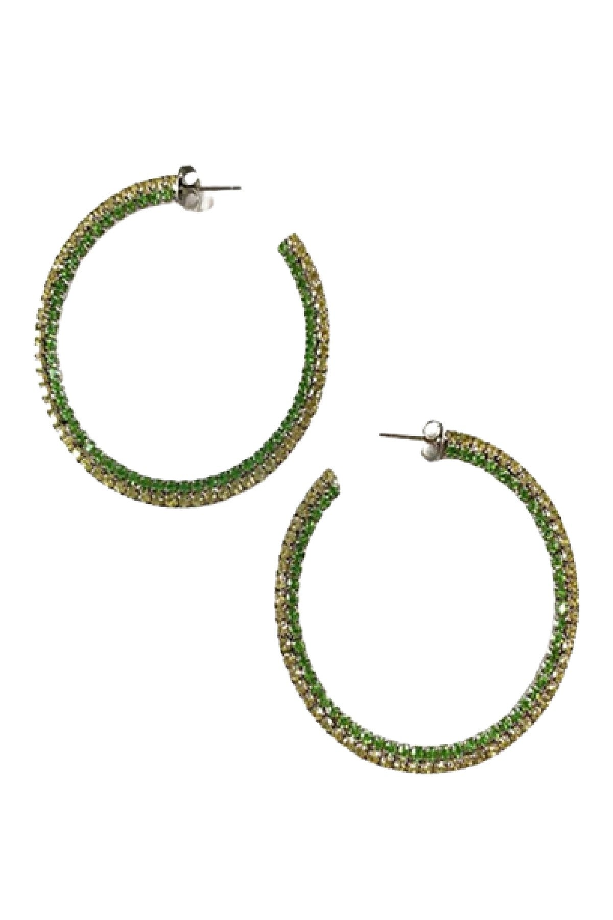 A pair of elegant rhinestone hoop earrings with a 2-inch diameter, featuring a sparkling design and secure post back closure.