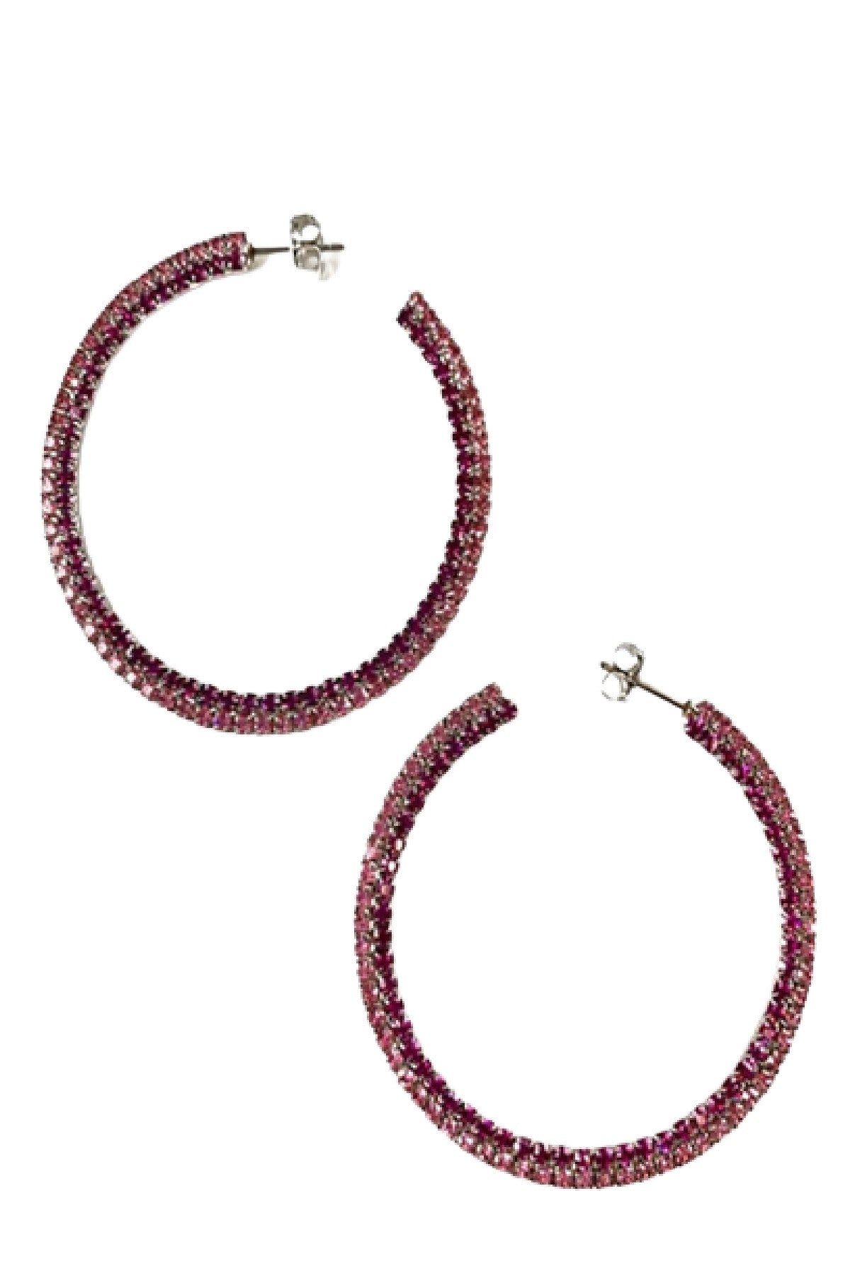 A pair of elegant rhinestone hoop earrings with a 2-inch diameter, featuring a sparkling design and secure post back closure.