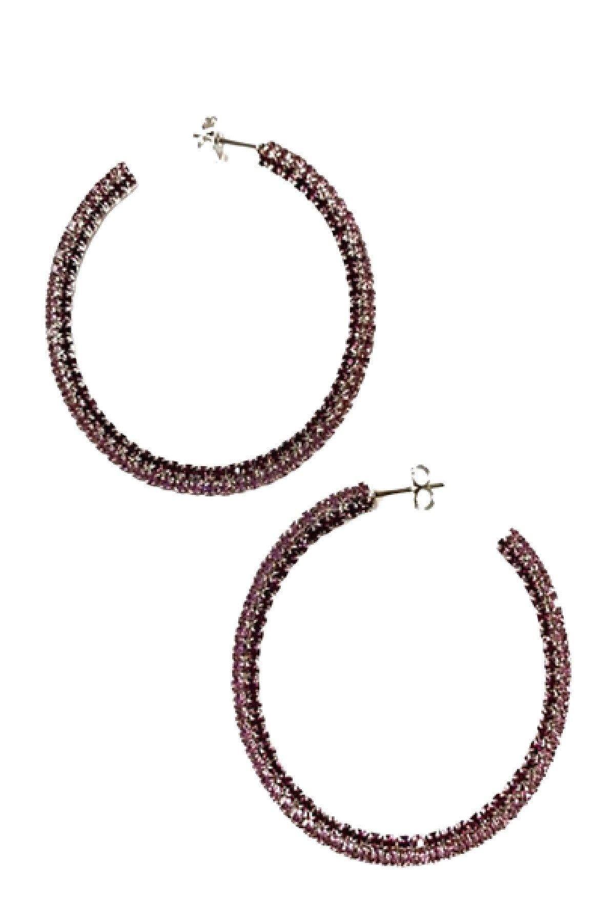 A pair of elegant rhinestone hoop earrings with a 2-inch diameter, featuring a sparkling design and secure post back closure.