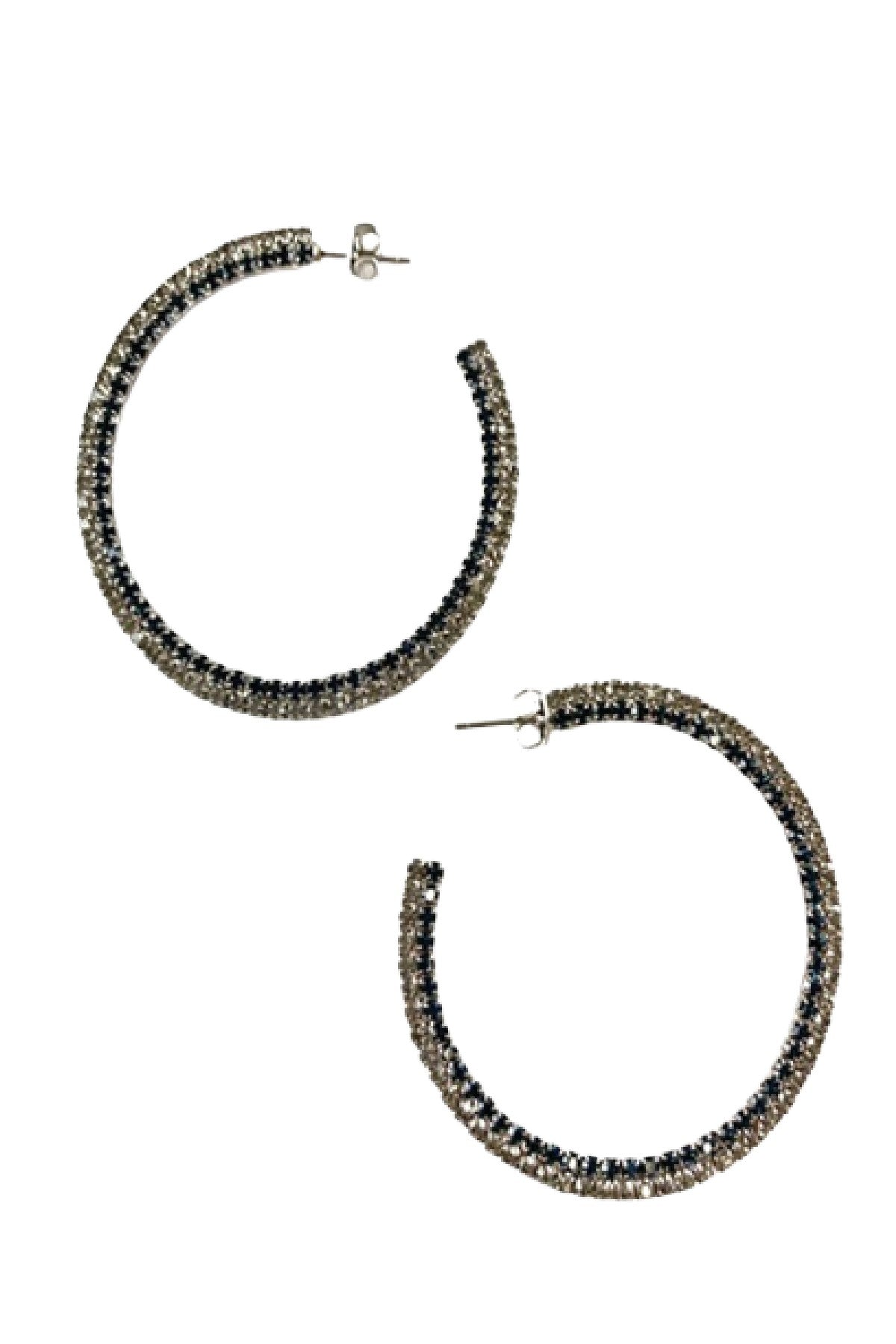 A pair of elegant rhinestone hoop earrings with a 2-inch diameter, featuring a sparkling design and secure post back closure.