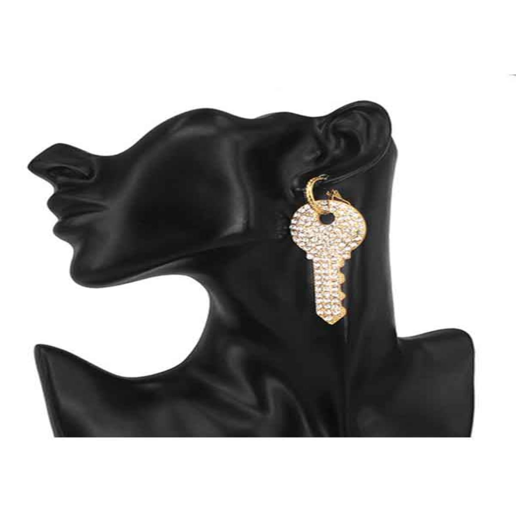 Elegant Rhinestone Key Dangle Earrings with latch back closure, measuring 2.5 inches long, sparkling with rhinestones.