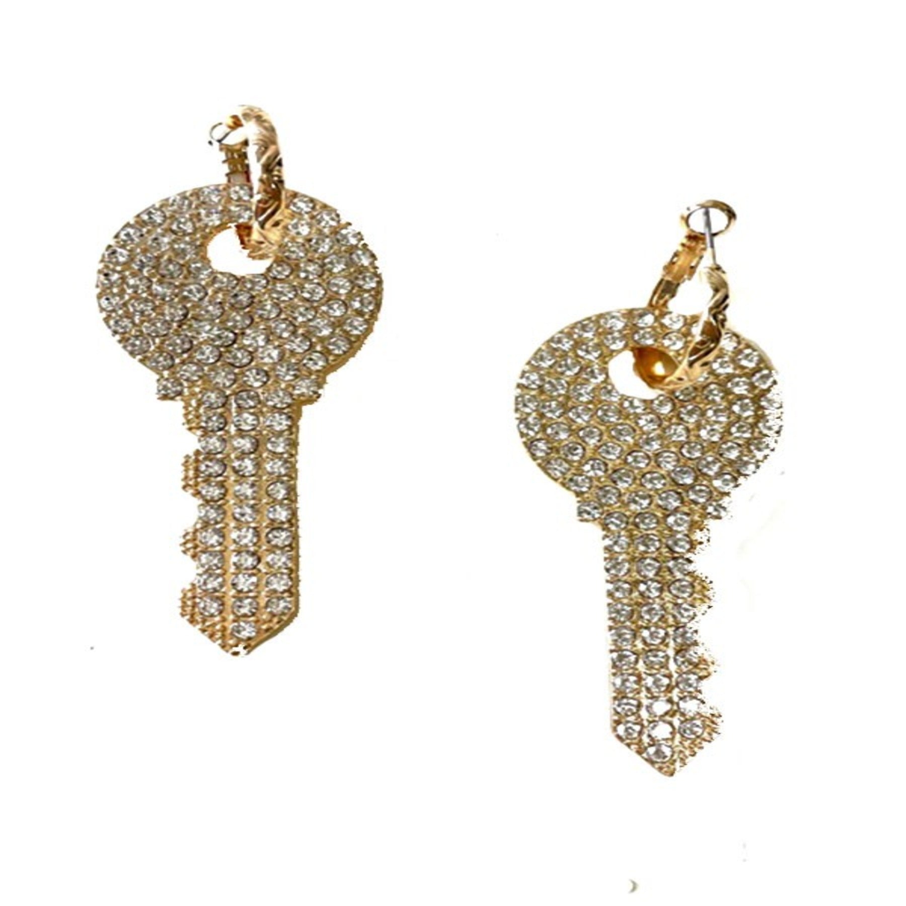 Elegant Rhinestone Key Dangle Earrings with latch back closure, measuring 2.5 inches long, sparkling with rhinestones.