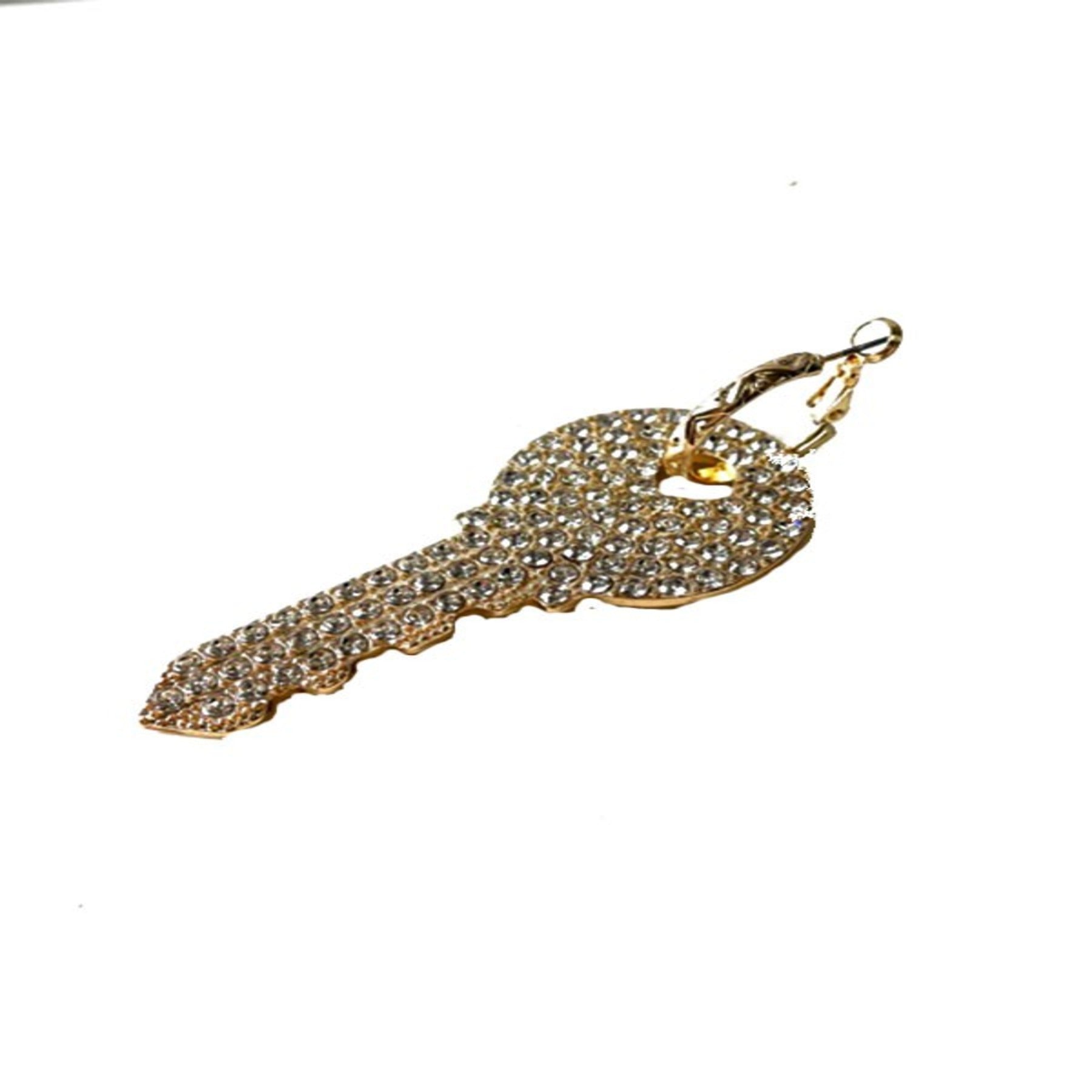 Elegant Rhinestone Key Dangle Earrings with latch back closure, measuring 2.5 inches long, sparkling with rhinestones.