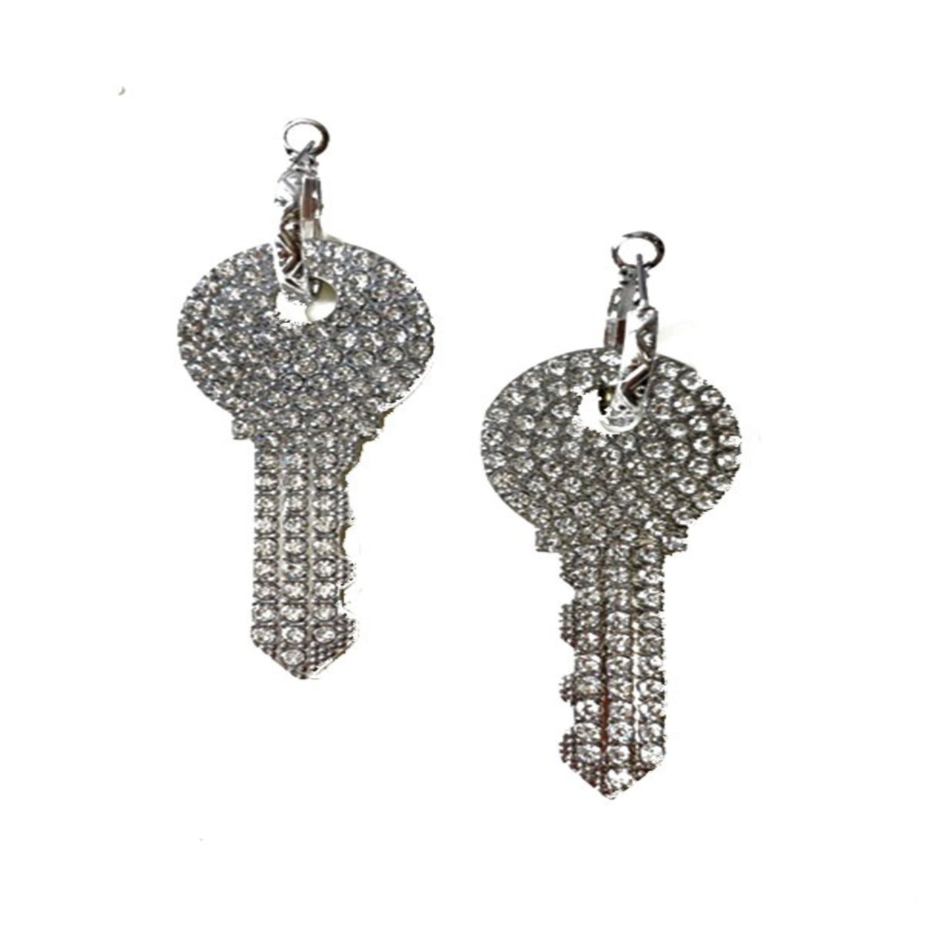 Elegant Rhinestone Key Dangle Earrings with latch back closure, measuring 2.5 inches long, sparkling with rhinestones.