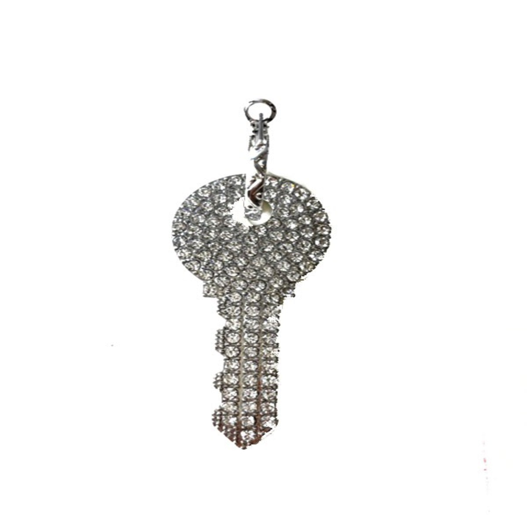 Elegant Rhinestone Key Dangle Earrings with latch back closure, measuring 2.5 inches long, sparkling with rhinestones.