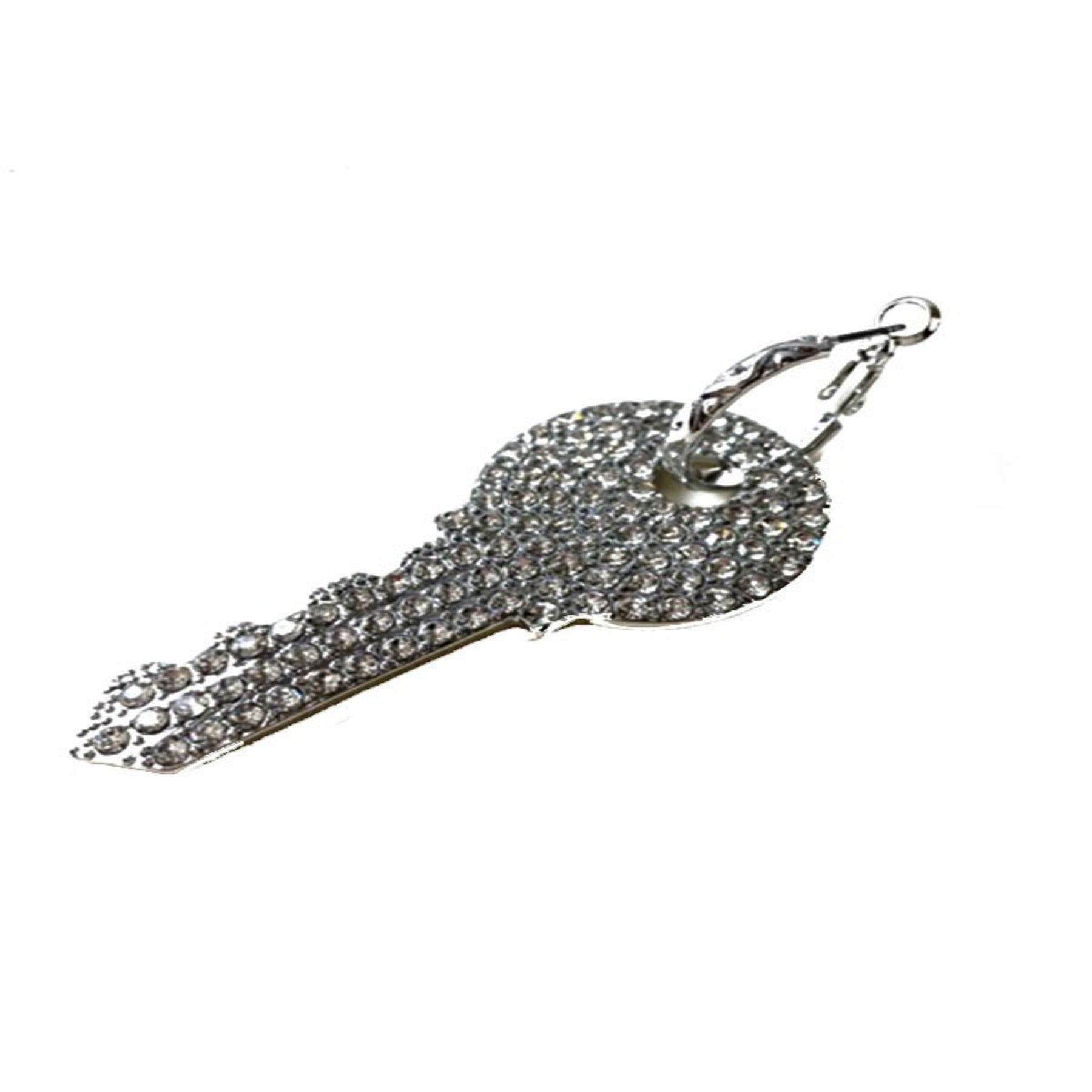 Elegant Rhinestone Key Dangle Earrings with latch back closure, measuring 2.5 inches long, sparkling with rhinestones.