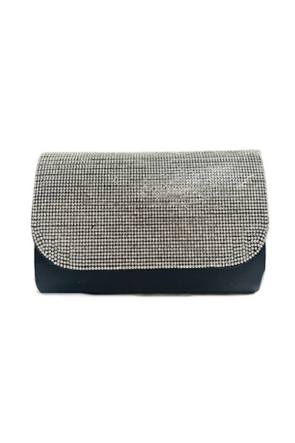 Rhinestone Ladies Evening Clutch Bag with detachable chain strap and soft lining, featuring elegant rhinestone embellishments.