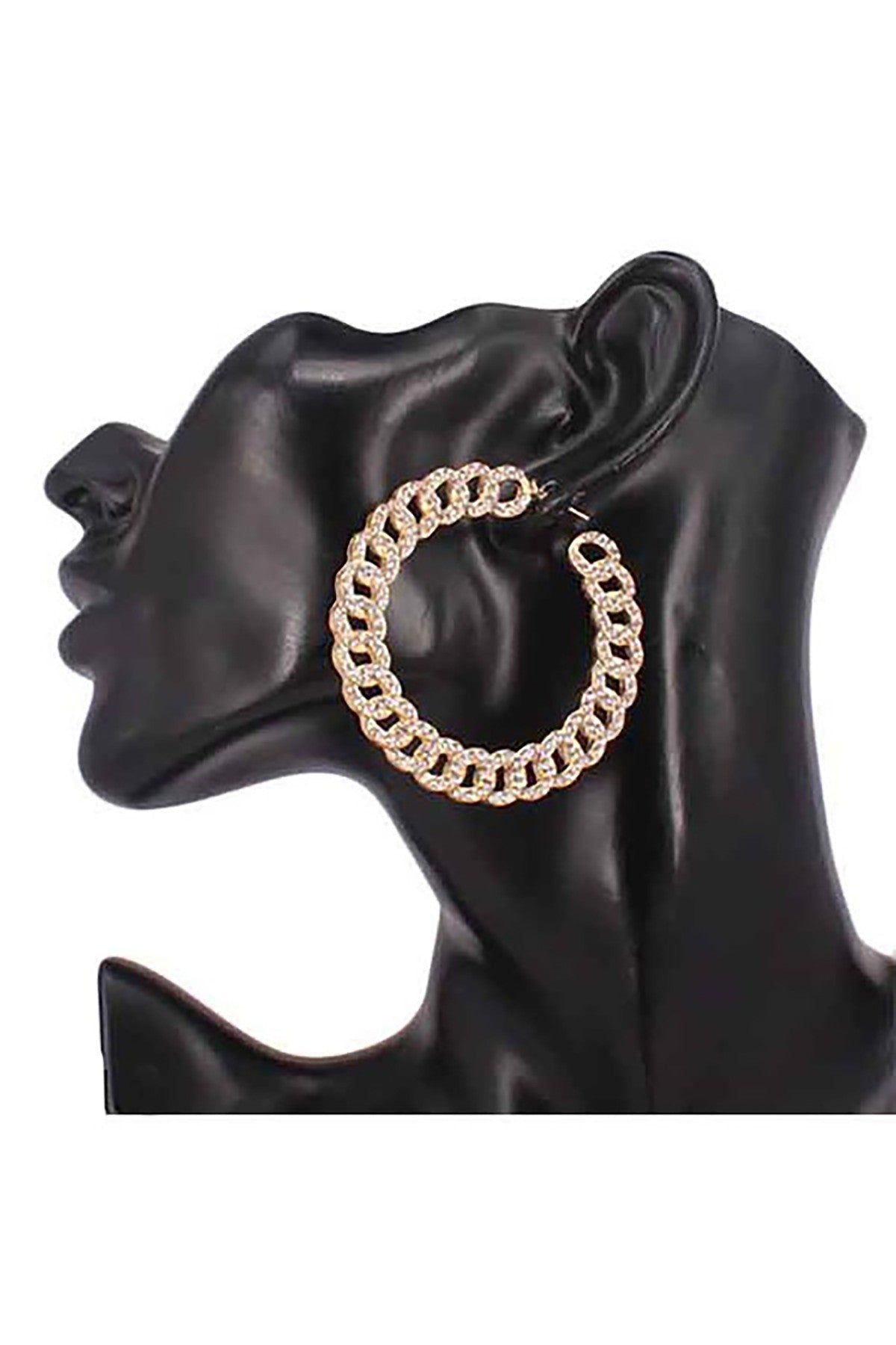 Elegant Rhinestone Link Chain Hoop Earring with sparkling rhinestones and latch back closure, measuring 2.25 inches in diameter.