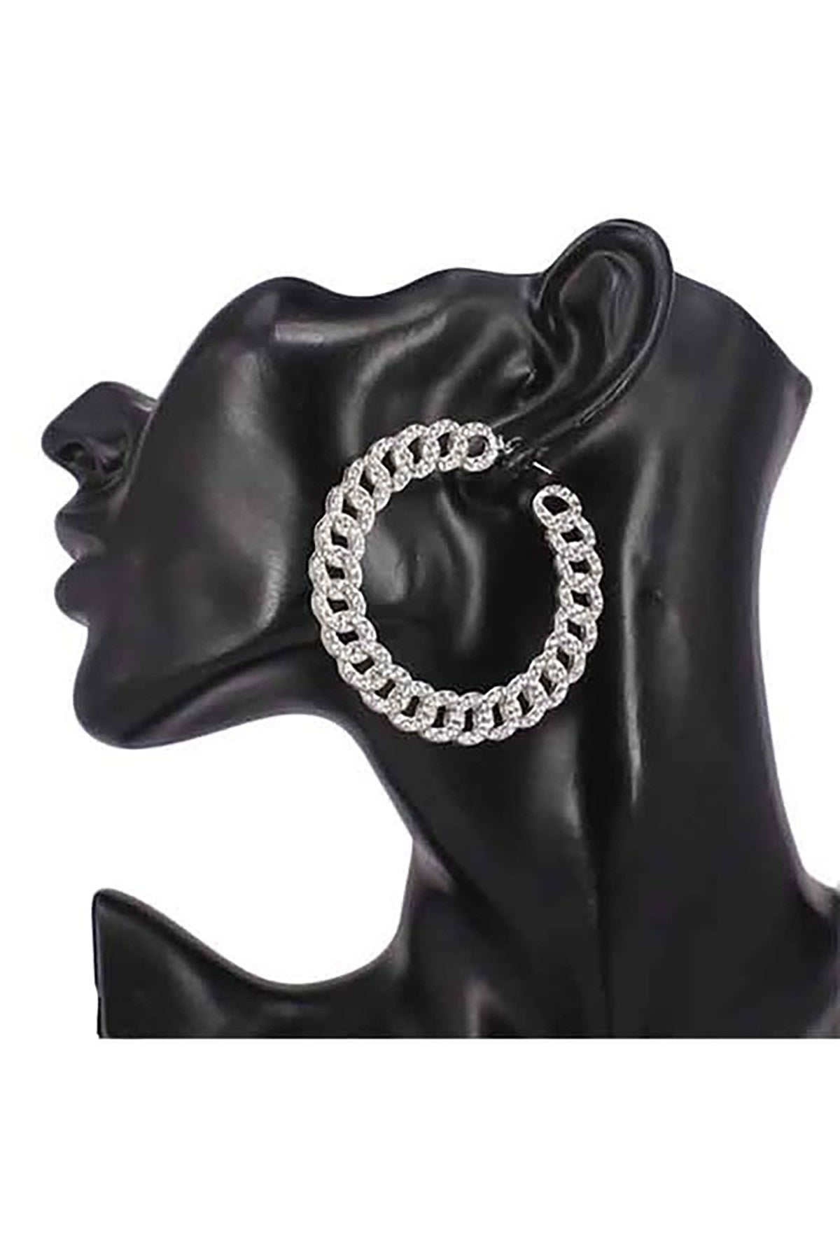 Elegant Rhinestone Link Chain Hoop Earring with sparkling rhinestones and latch back closure, measuring 2.25 inches in diameter.