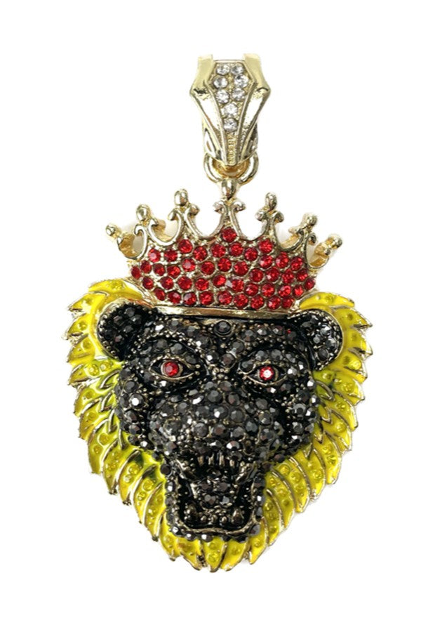 A stunning rhinestone lion pendant featuring intricate detailing and sparkling stones, measuring 4.5 inches by 2.25 inches.