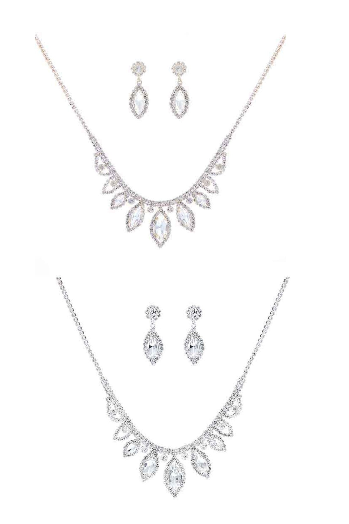 Rhinestone Marquise Round Shape Necklace Set featuring elegant design with sparkling rhinestones and a lobster claw clasp.