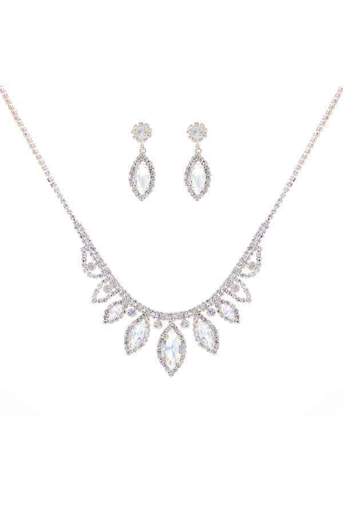 Rhinestone Marquise Round Shape Necklace Set featuring elegant design with sparkling rhinestones and a lobster claw clasp.