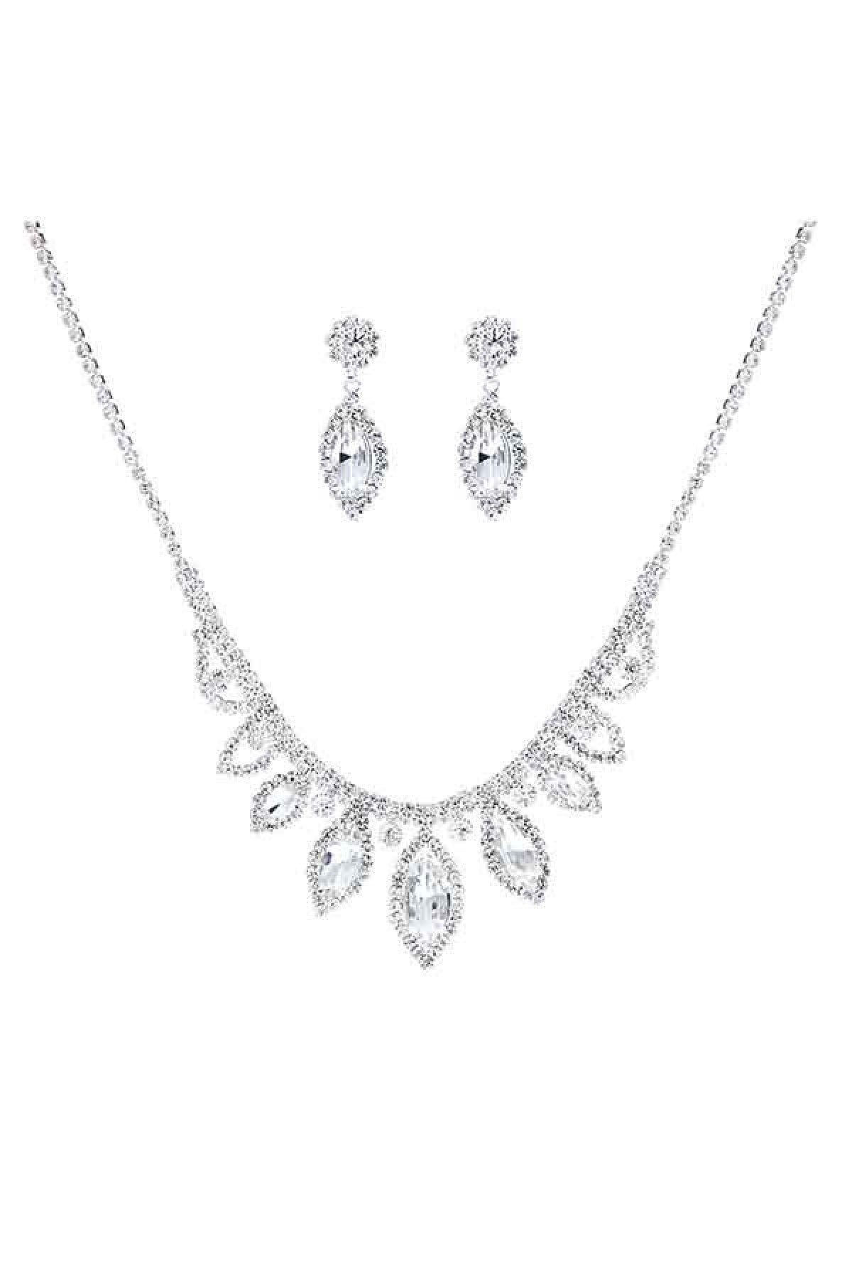 Rhinestone Marquise Round Shape Necklace Set featuring elegant design with sparkling rhinestones and a lobster claw clasp.