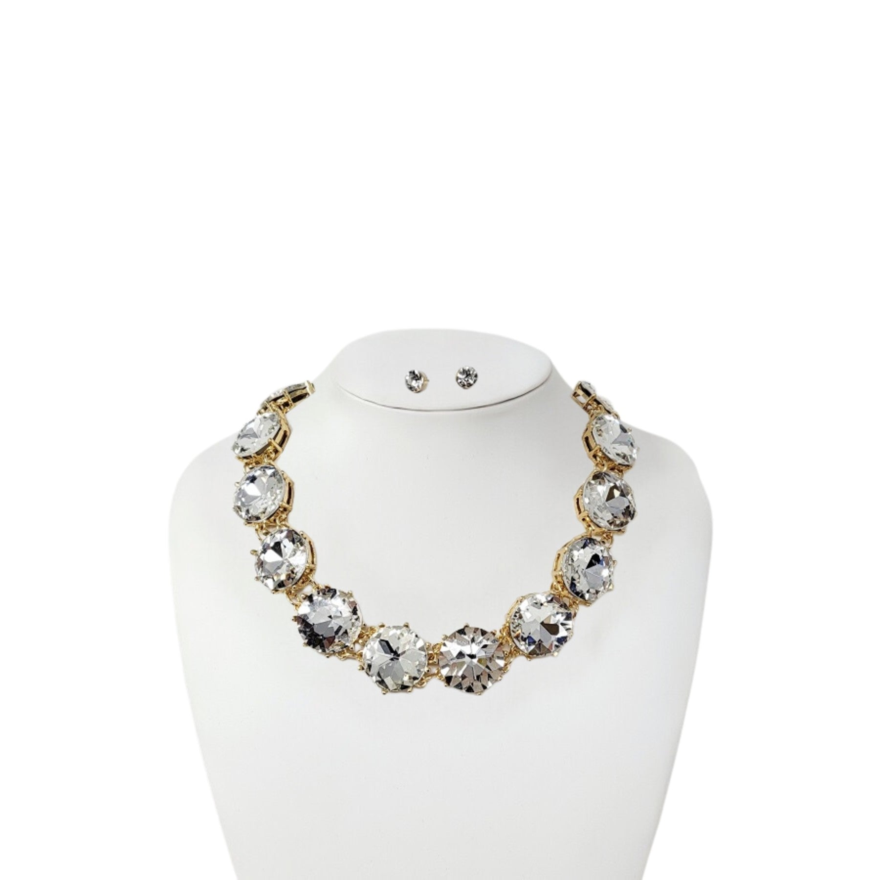 Elegant Rhinestone Necklace Set with 8-inch drop length and secure lobster claw clasp, featuring sparkling 1-inch rhinestones.