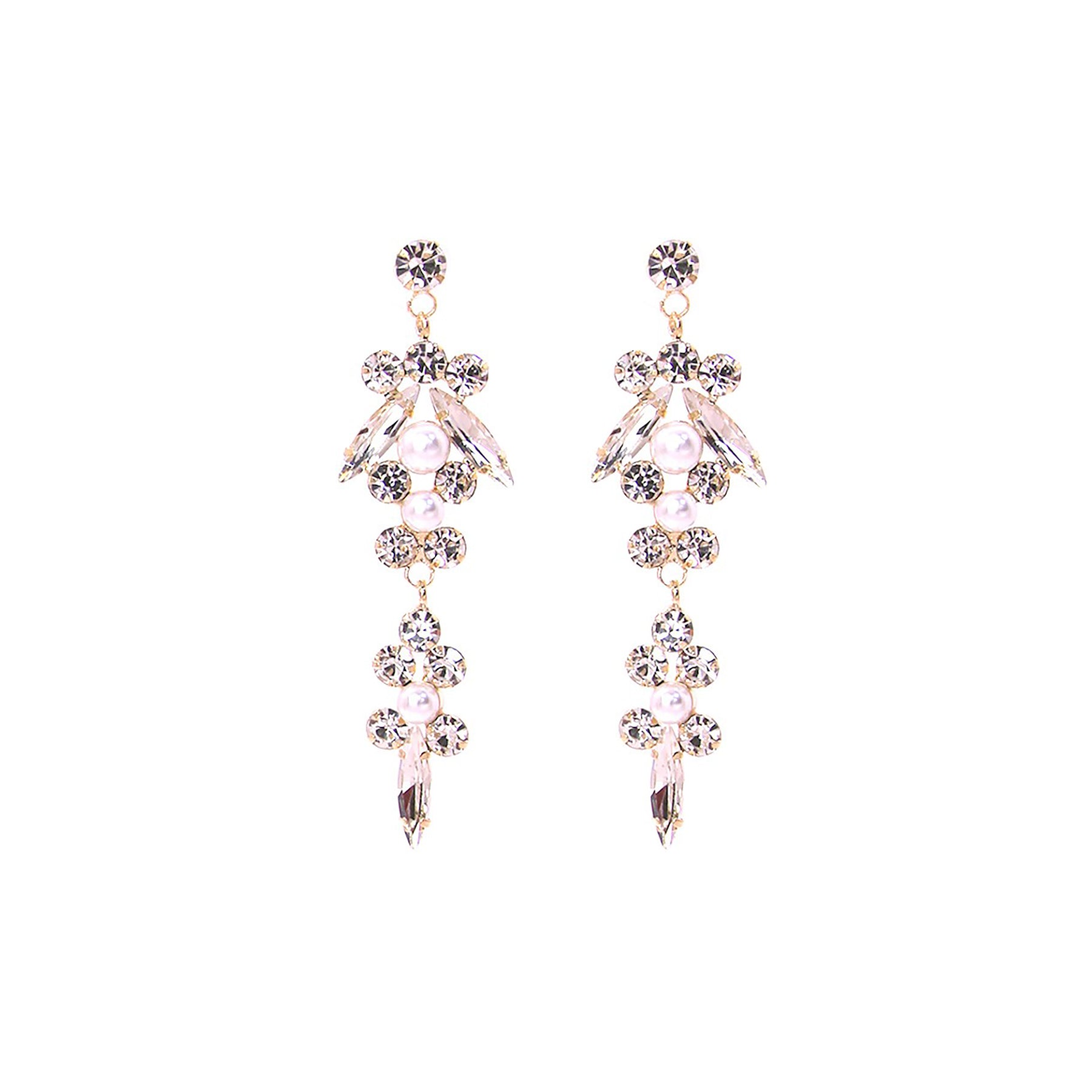 Elegant Rhinestone Pearl Dangle Drop Earrings with a sparkling design, featuring a post back for secure wear.