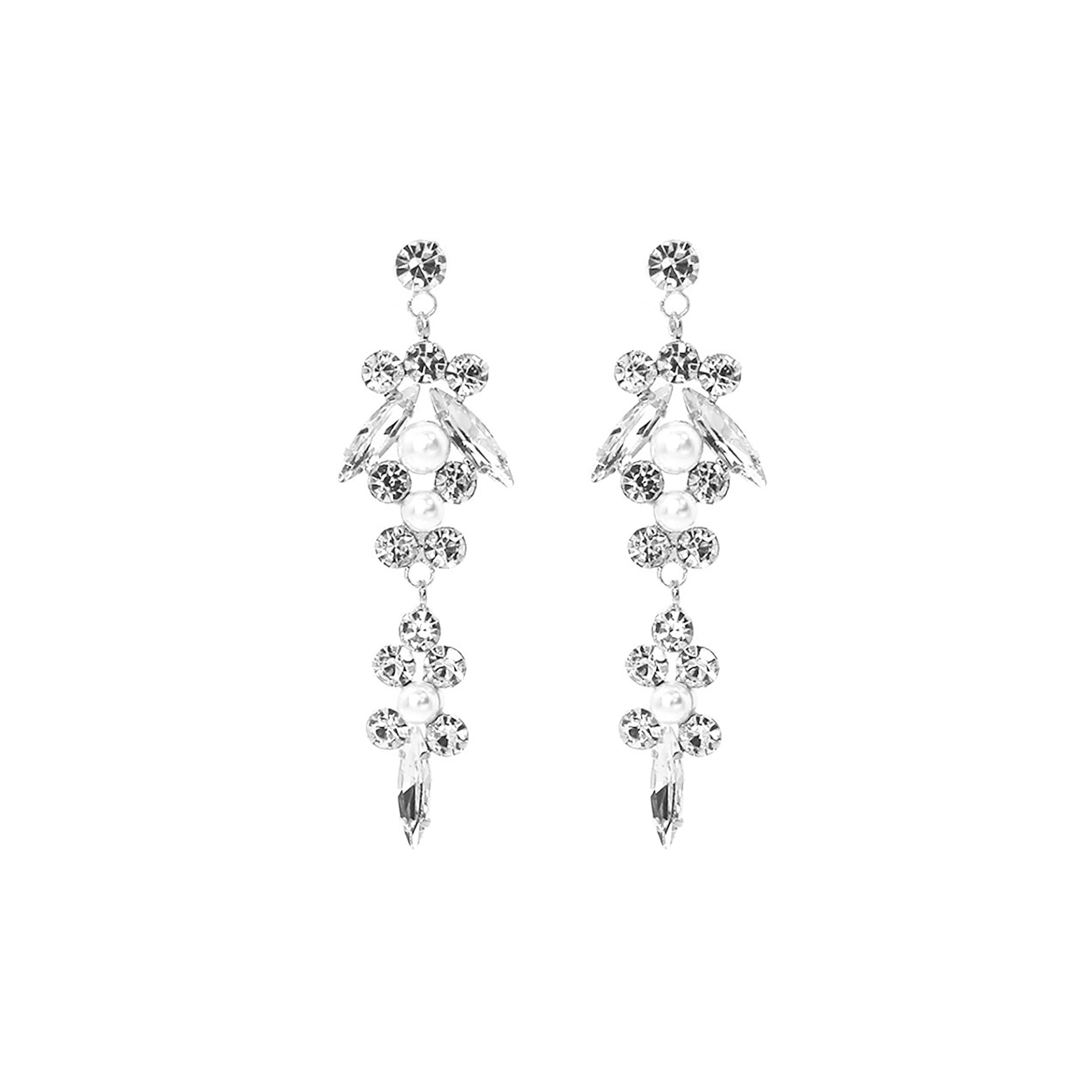 Elegant Rhinestone Pearl Dangle Drop Earrings with a sparkling design, featuring a post back for secure wear.