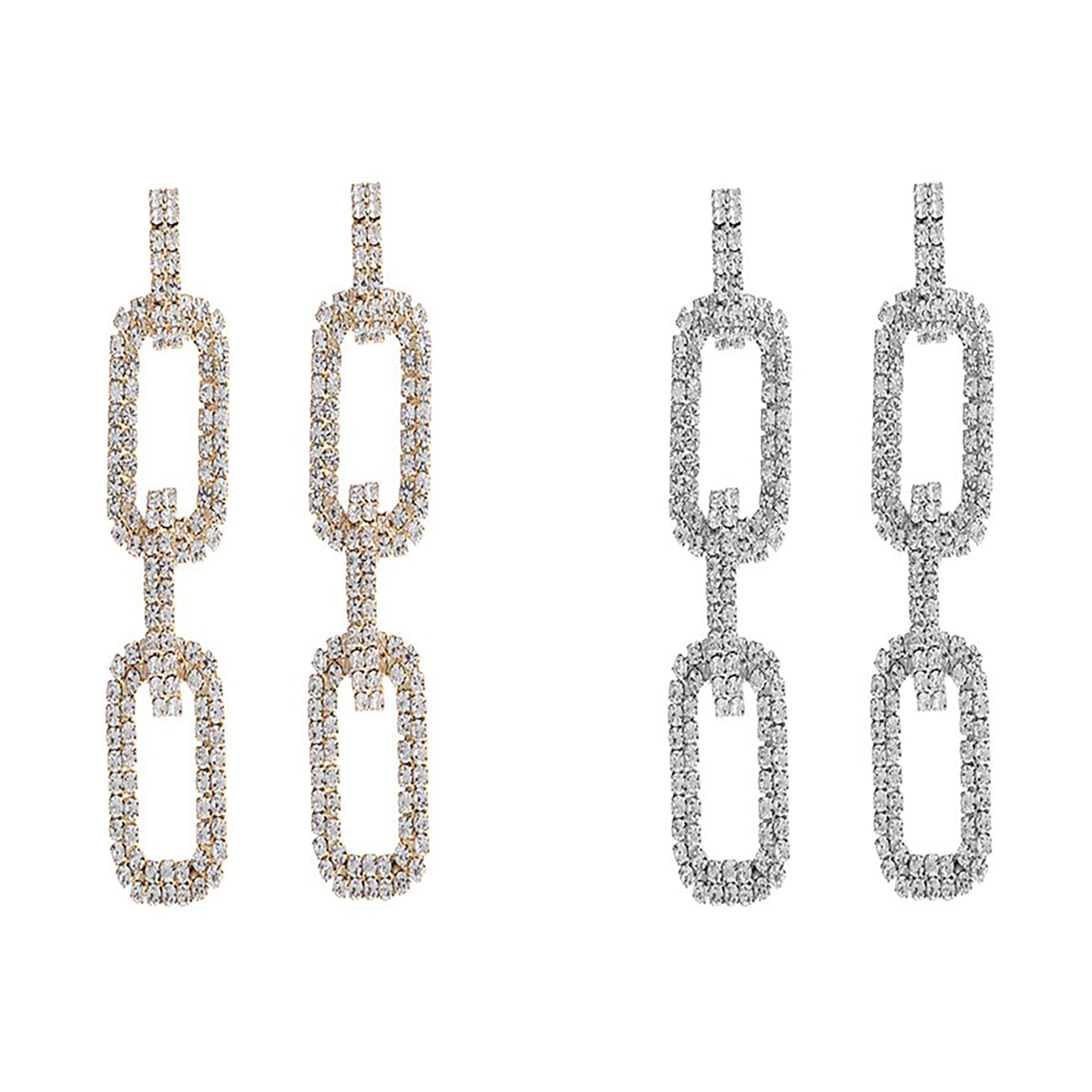 A pair of elegant rhinestone rectangle link earrings, showcasing sparkling stones in a stylish design.