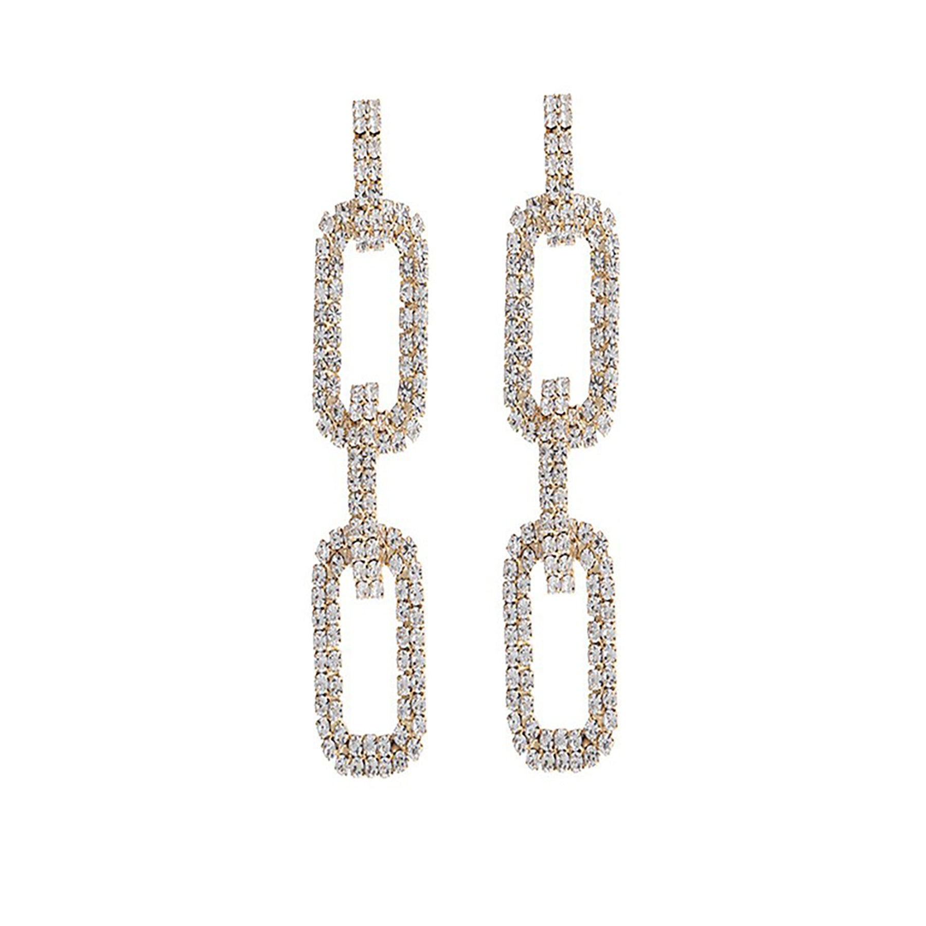 A pair of elegant rhinestone rectangle link earrings, showcasing sparkling stones in a stylish design.