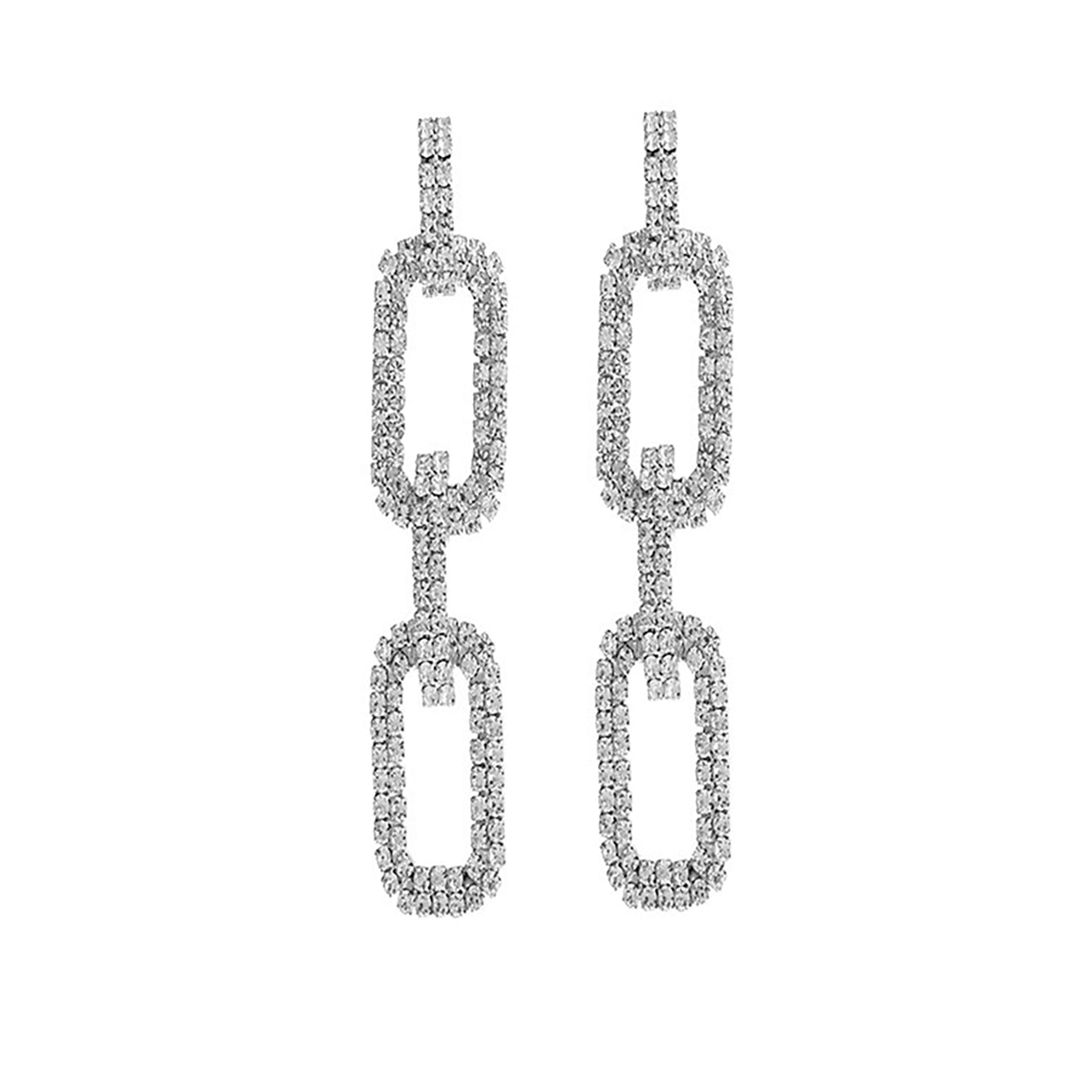 A pair of elegant rhinestone rectangle link earrings, showcasing sparkling stones in a stylish design.