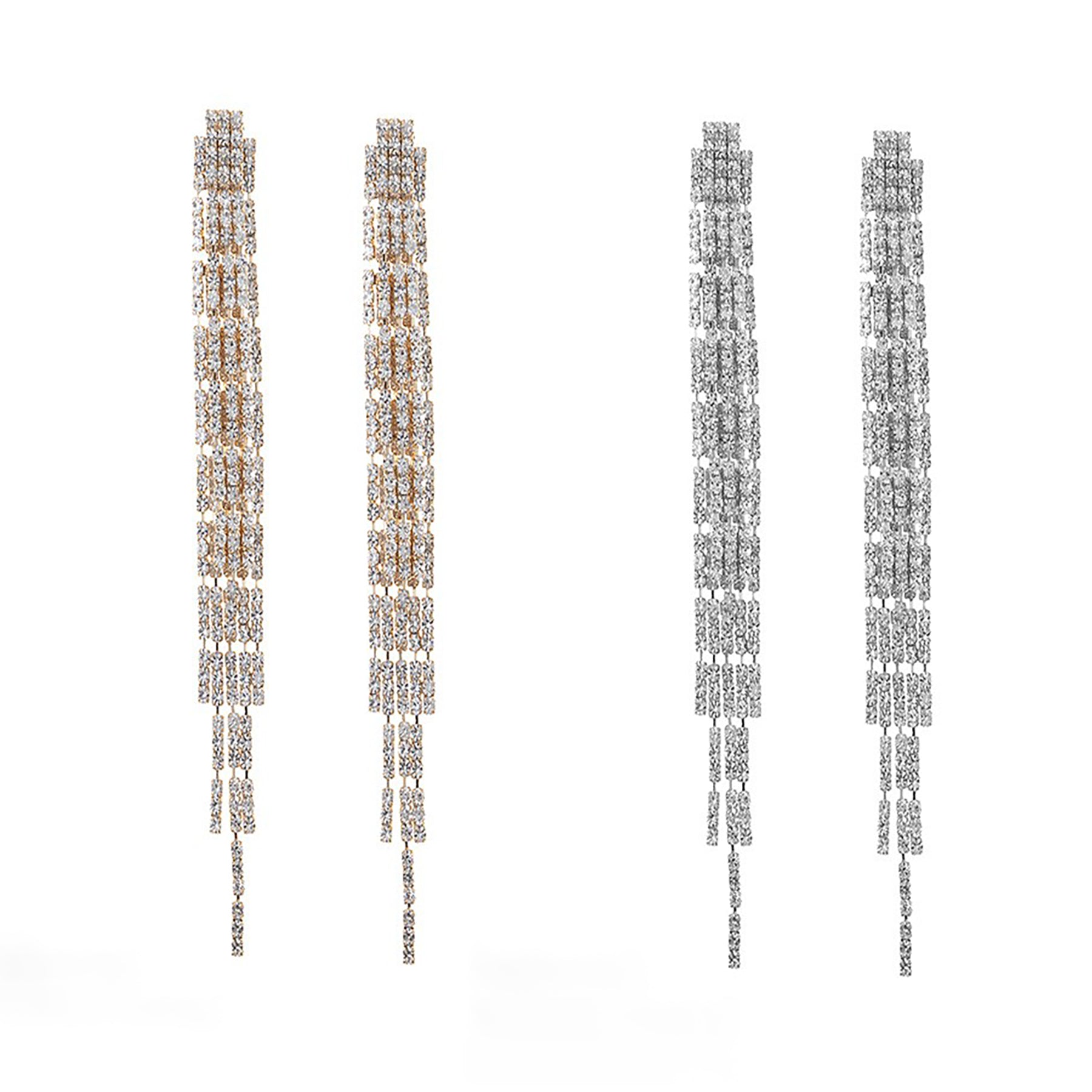 Elegant Rhinestone Rectangle Tassel Earrings featuring a chic design with sparkling rhinestones and stylish tassels.