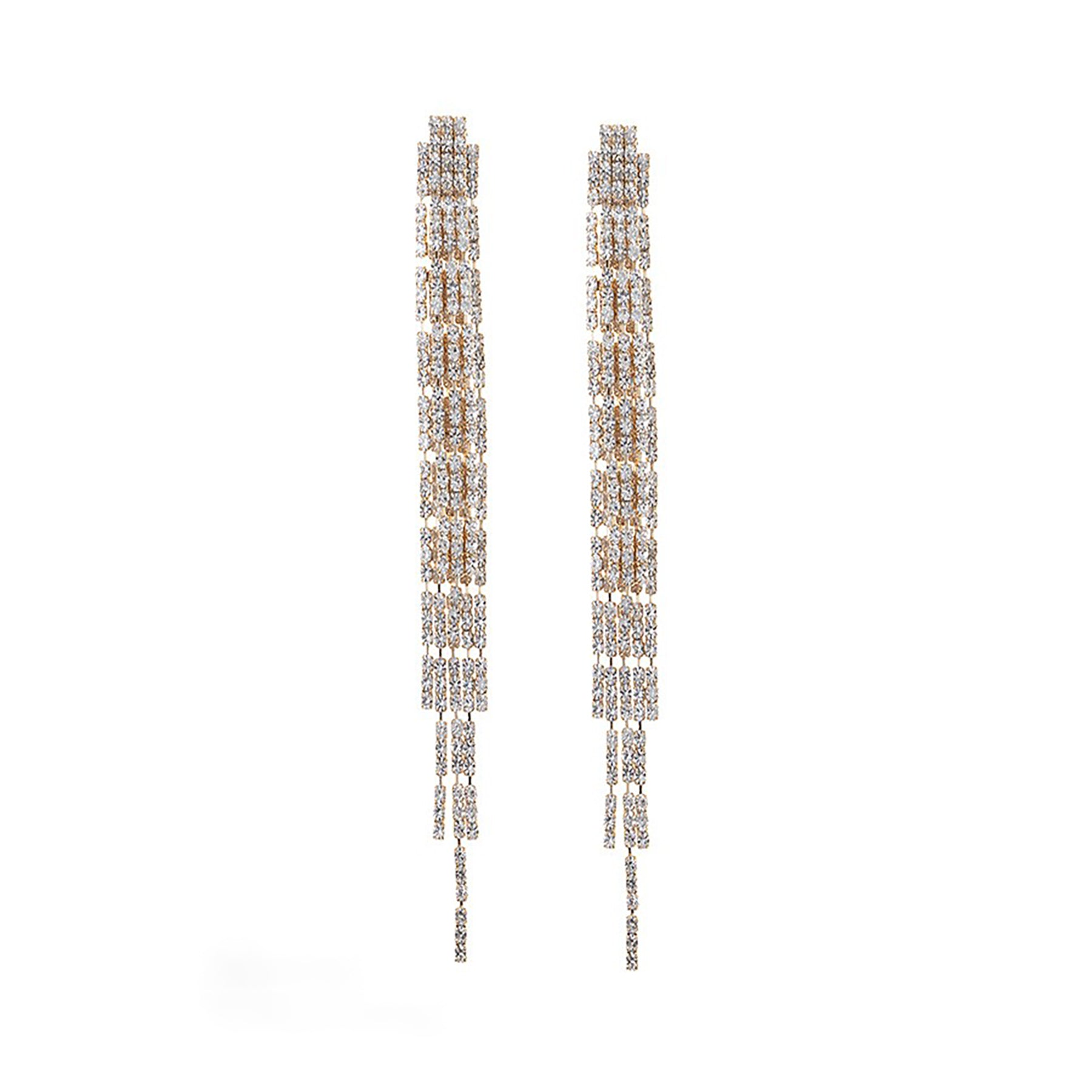 Elegant Rhinestone Rectangle Tassel Earrings featuring a chic design with sparkling rhinestones and stylish tassels.