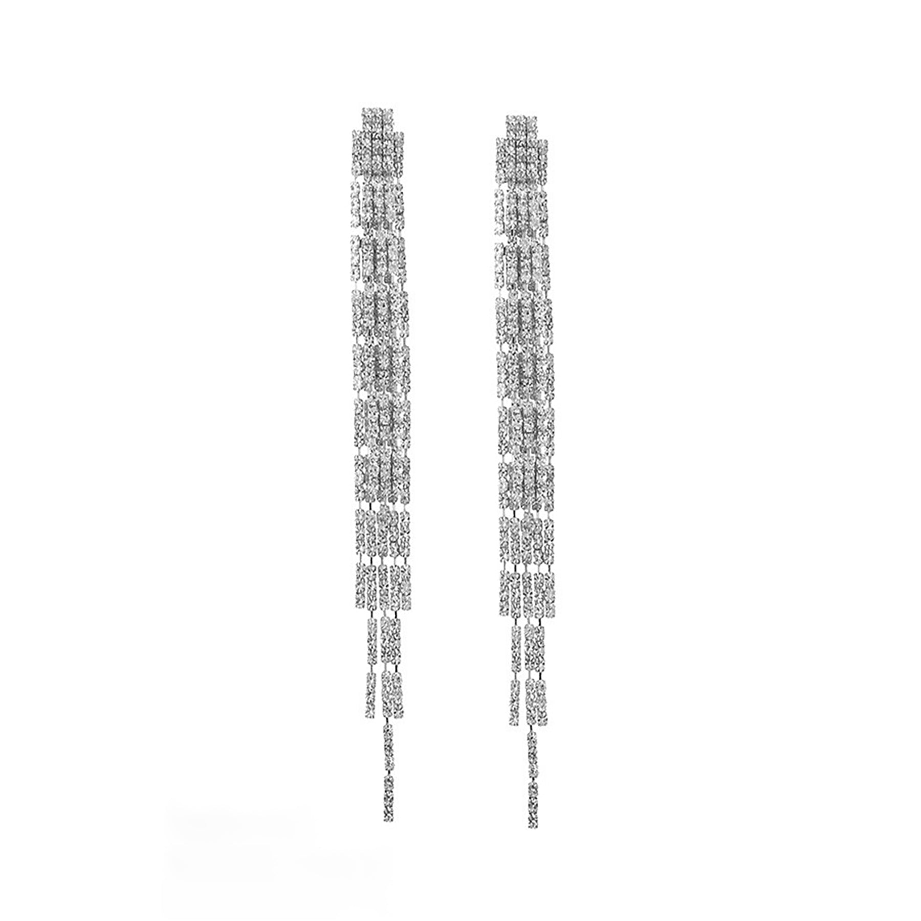 Elegant Rhinestone Rectangle Tassel Earrings featuring a chic design with sparkling rhinestones and stylish tassels.