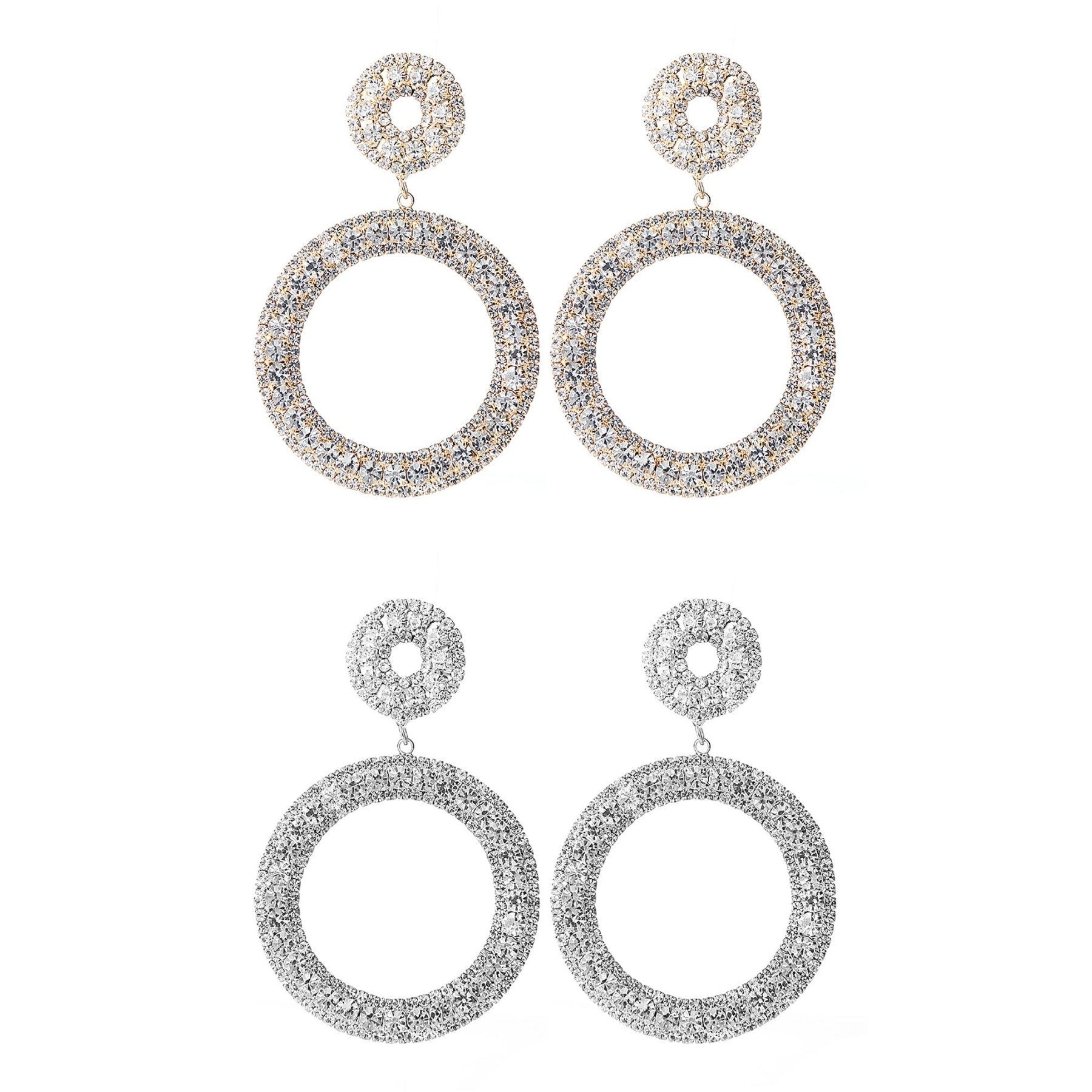 A pair of elegant rhinestone ring dangle earrings with a sparkling design, featuring a 2.5-inch drop and secure post back closure.