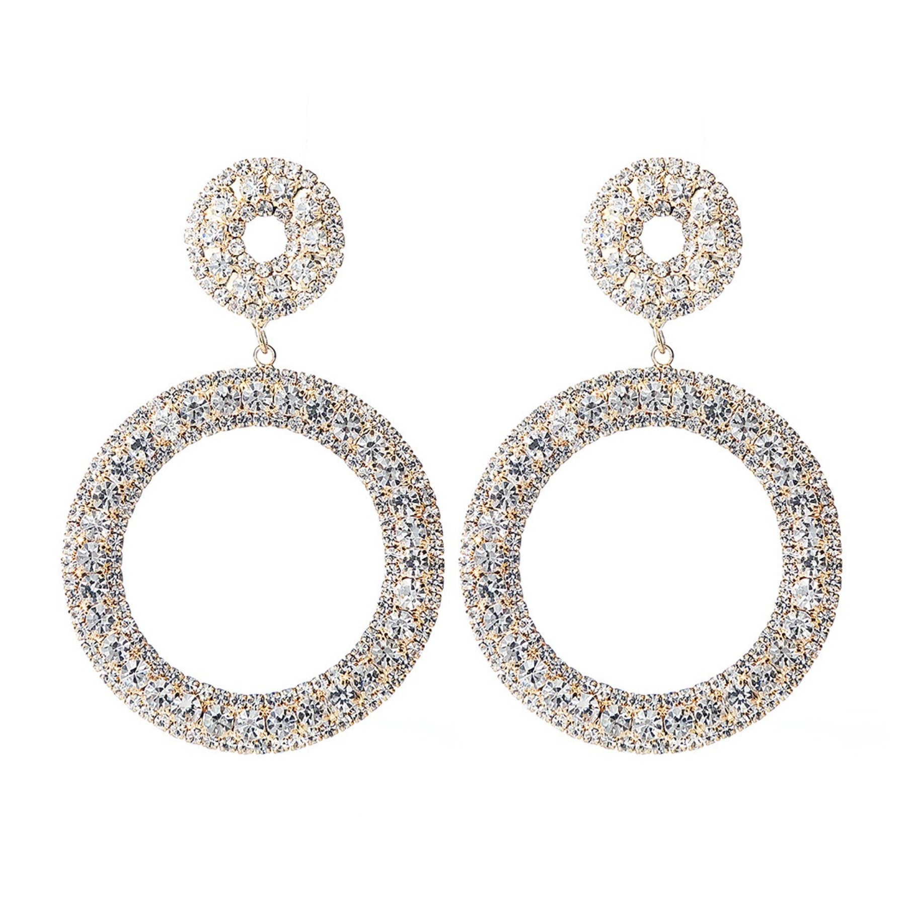 A pair of elegant rhinestone ring dangle earrings with a sparkling design, featuring a 2.5-inch drop and secure post back closure.