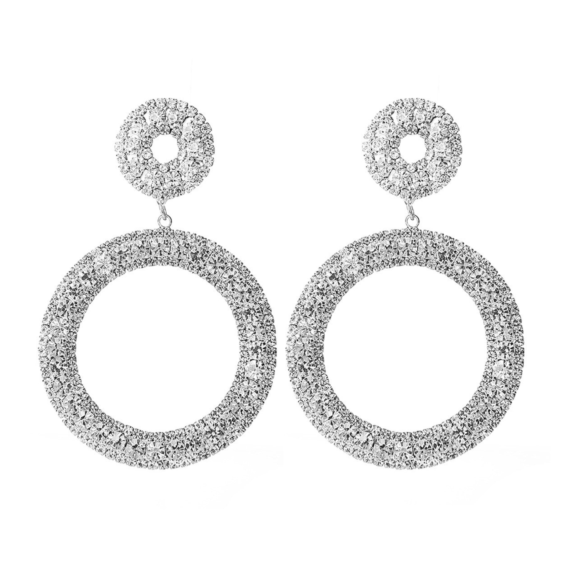 A pair of elegant rhinestone ring dangle earrings with a sparkling design, featuring a 2.5-inch drop and secure post back closure.