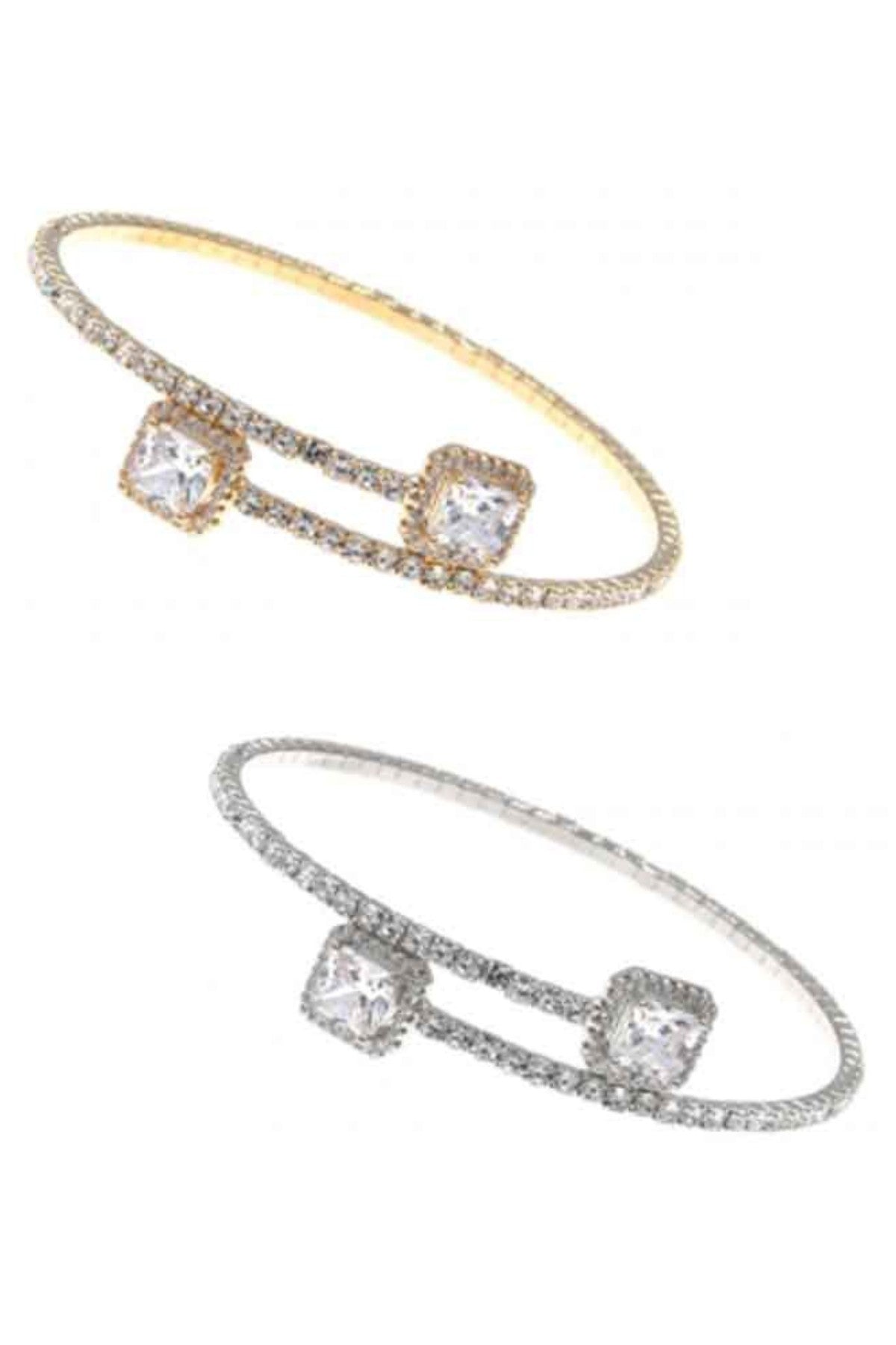 Rhinestone Square Shape CZ 1-Line Bracelet with a stretch band, showcasing sparkling rhinestones in a modern square design.