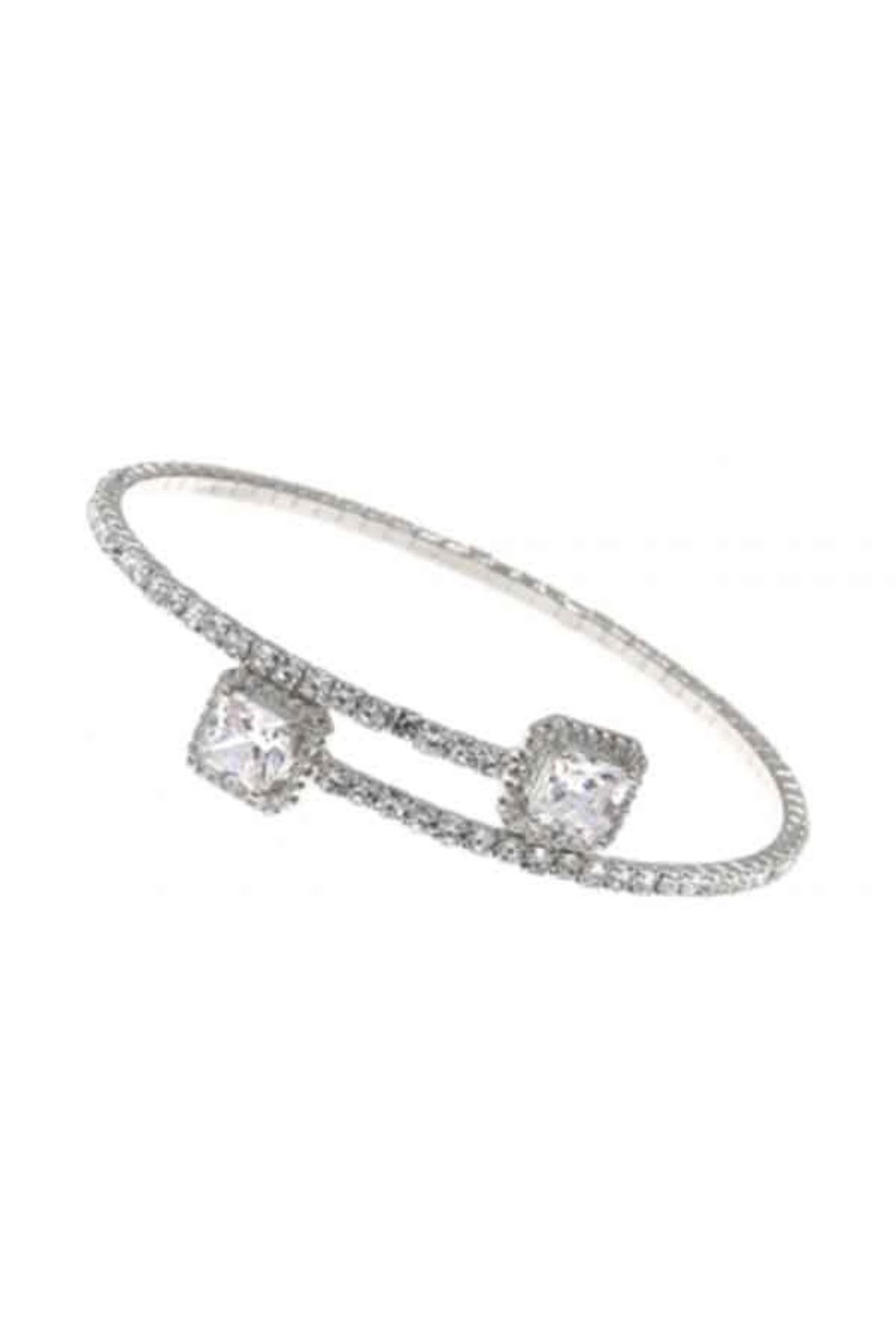 Rhinestone Square Shape CZ 1-Line Bracelet with a stretch band, showcasing sparkling rhinestones in a modern square design.