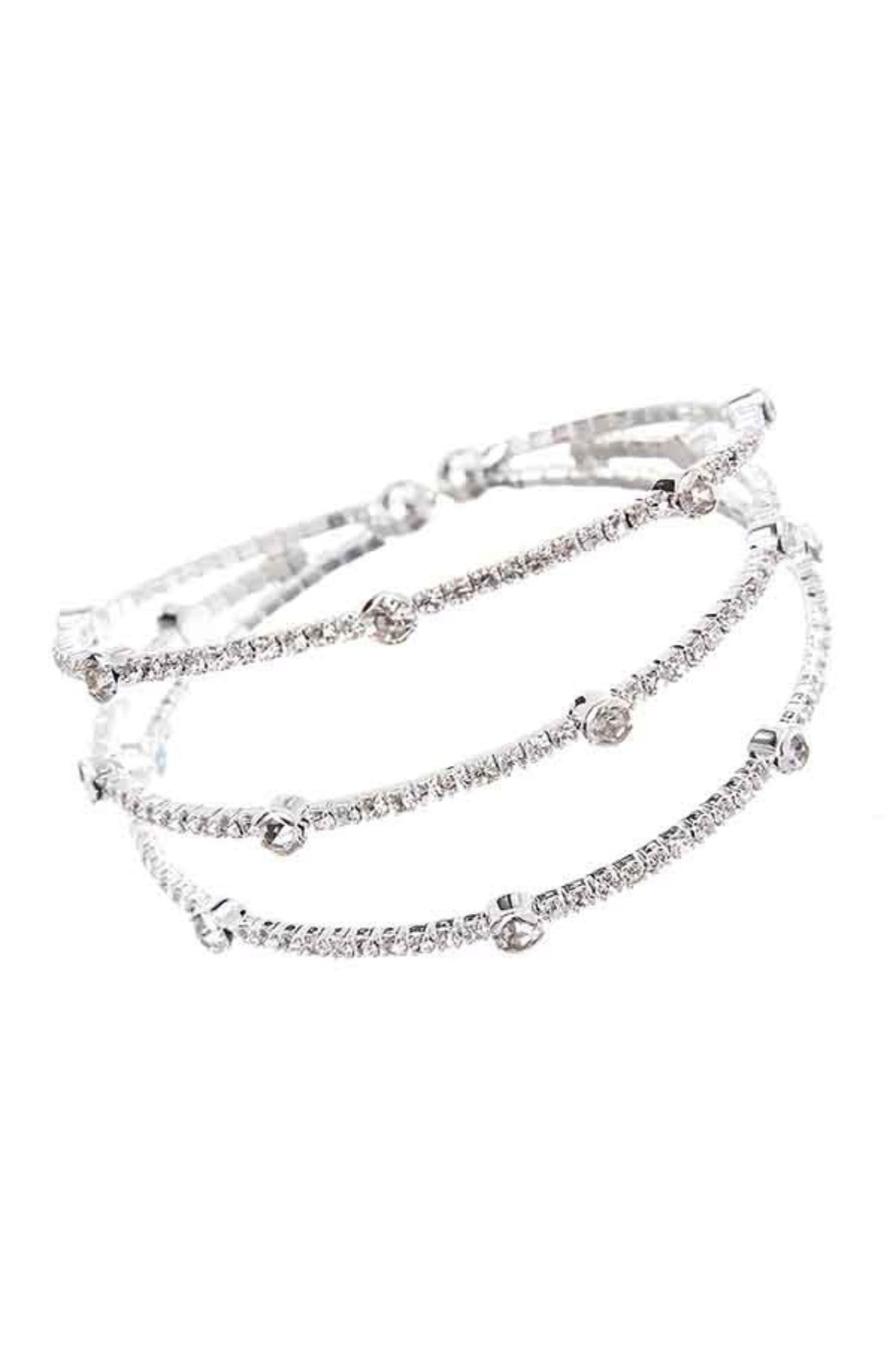 Rhinestone Station 3 Row Wire Bracelet featuring sparkling rhinestones on a wire frame, adjustable size for comfort.