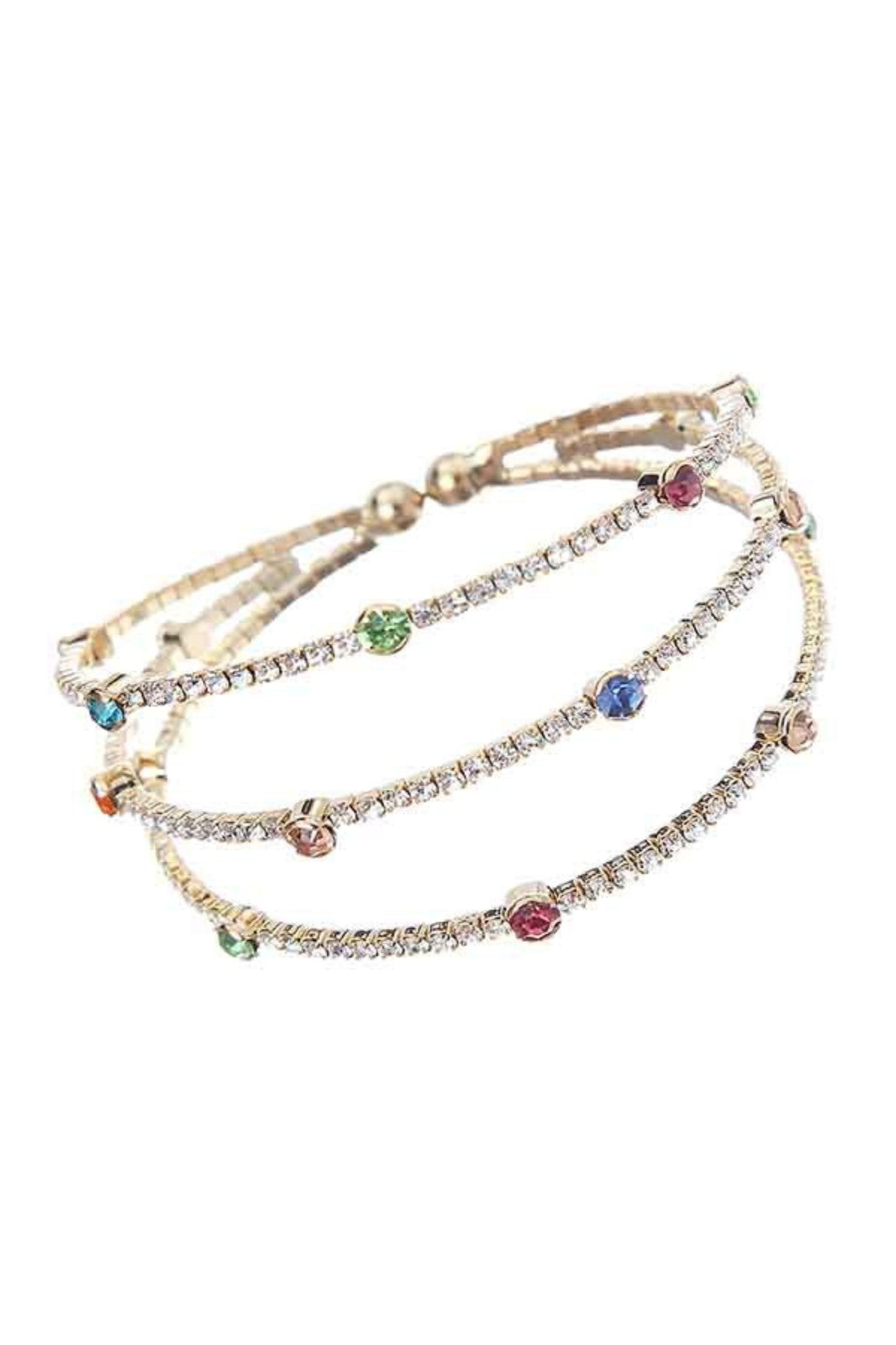 Rhinestone Station 3 Row Wire Bracelet featuring sparkling rhinestones on a wire frame, adjustable size for comfort.