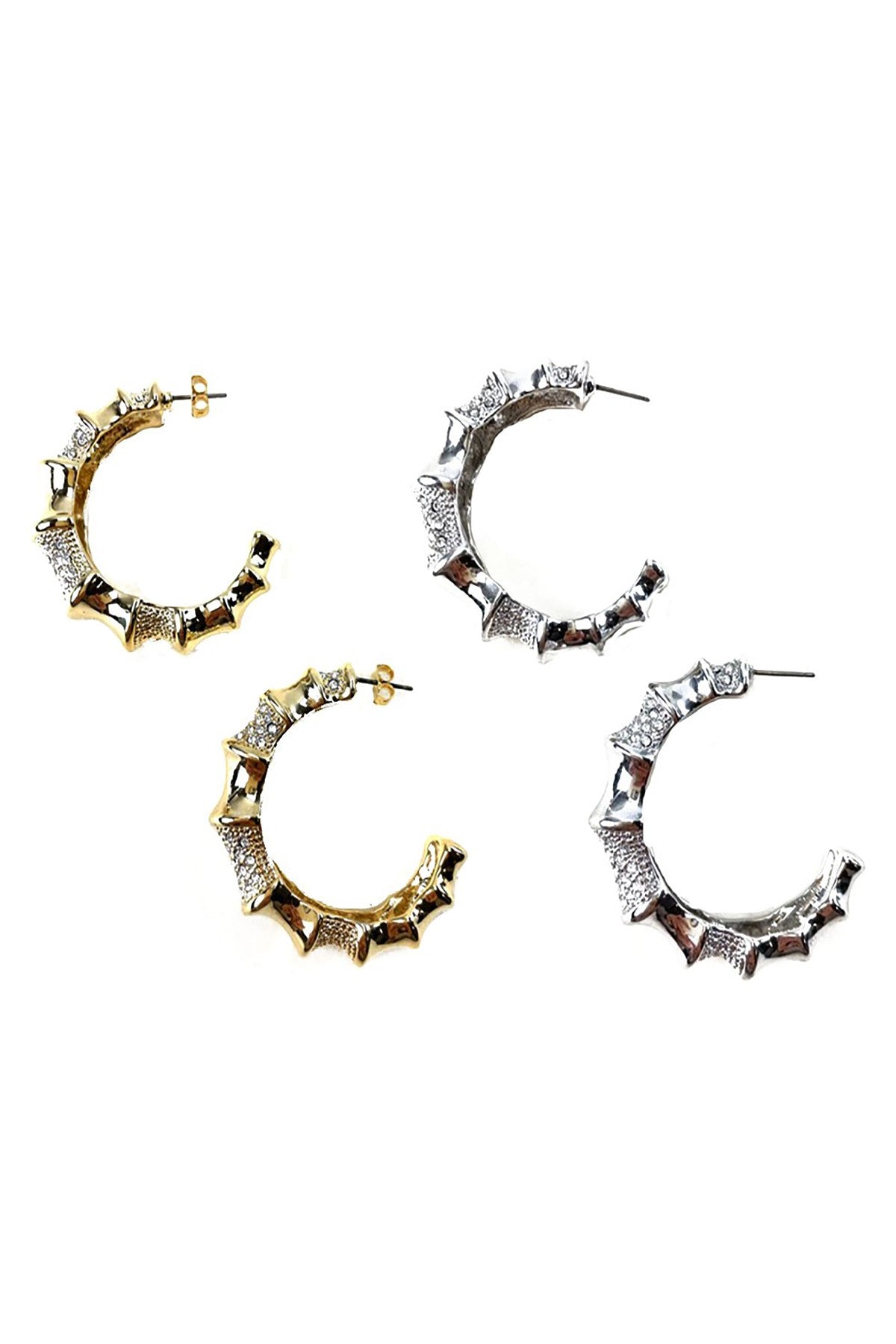 A pair of elegant rhinestone studded metal hoop earrings with a double plated finish, showcasing their sparkling embellishments.