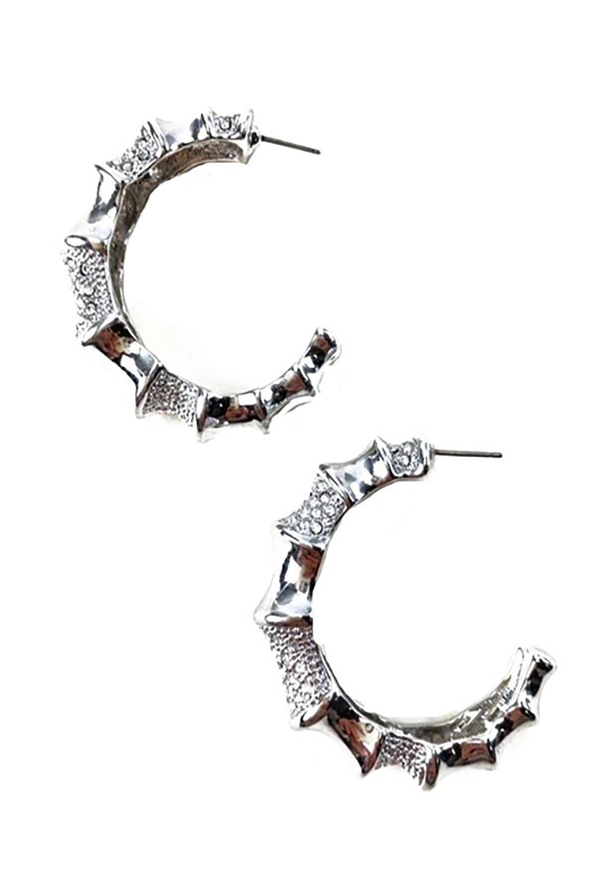 A pair of elegant rhinestone studded metal hoop earrings with a double plated finish, showcasing their sparkling embellishments.