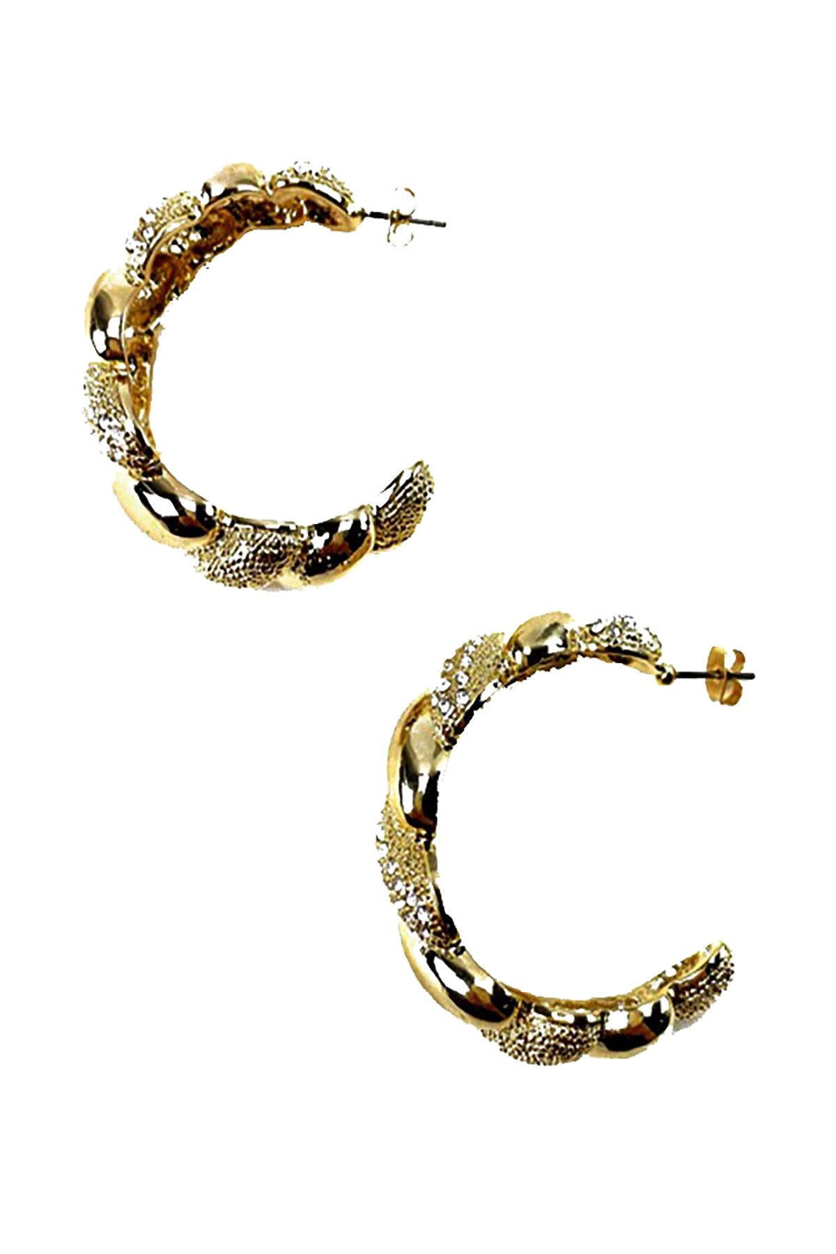 A pair of elegant rhinestone studded metal hoop earrings with a shiny finish, showcasing their intricate design and secure post back.