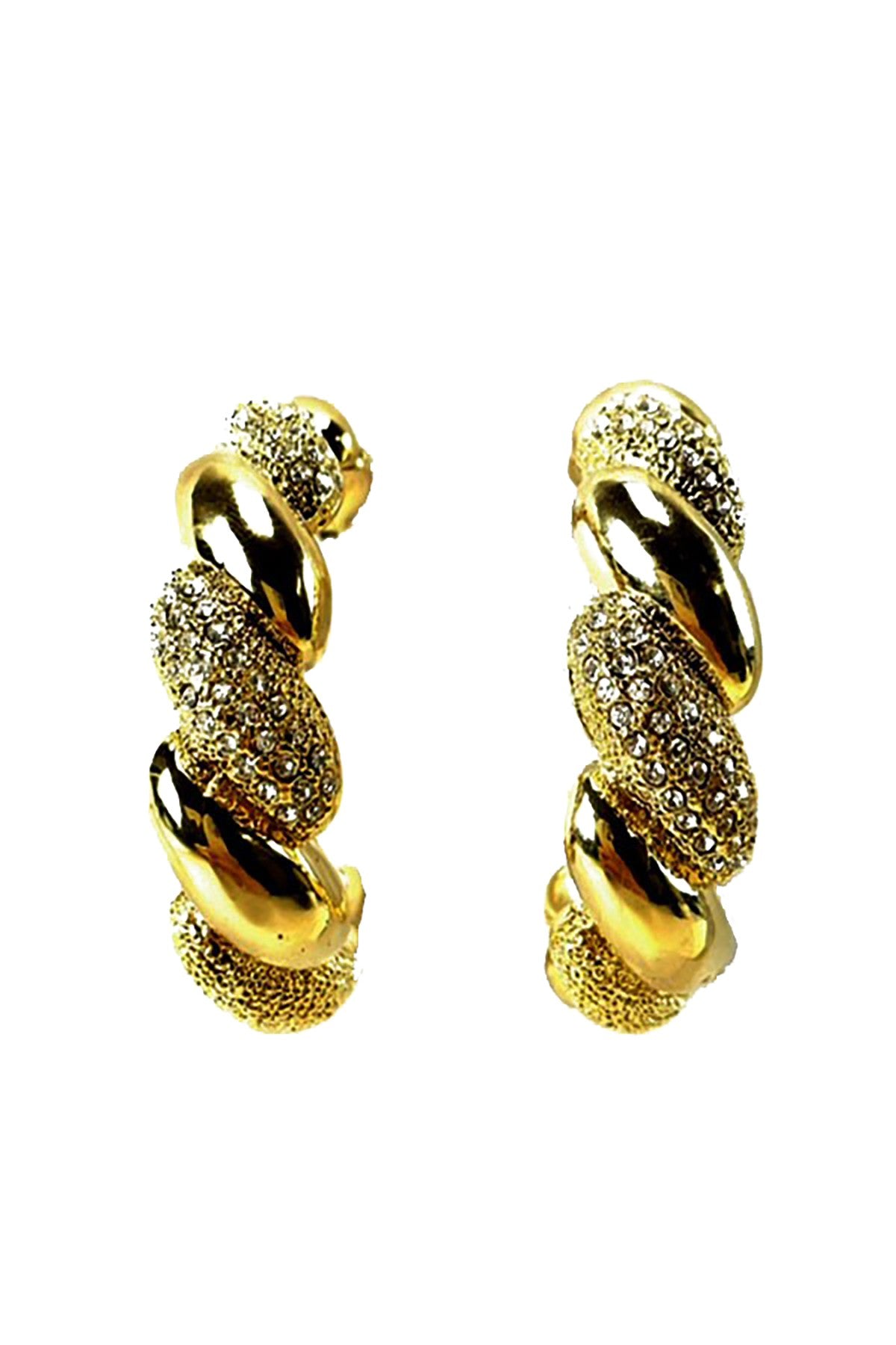 A pair of elegant rhinestone studded metal hoop earrings with a shiny finish, showcasing their intricate design and secure post back.