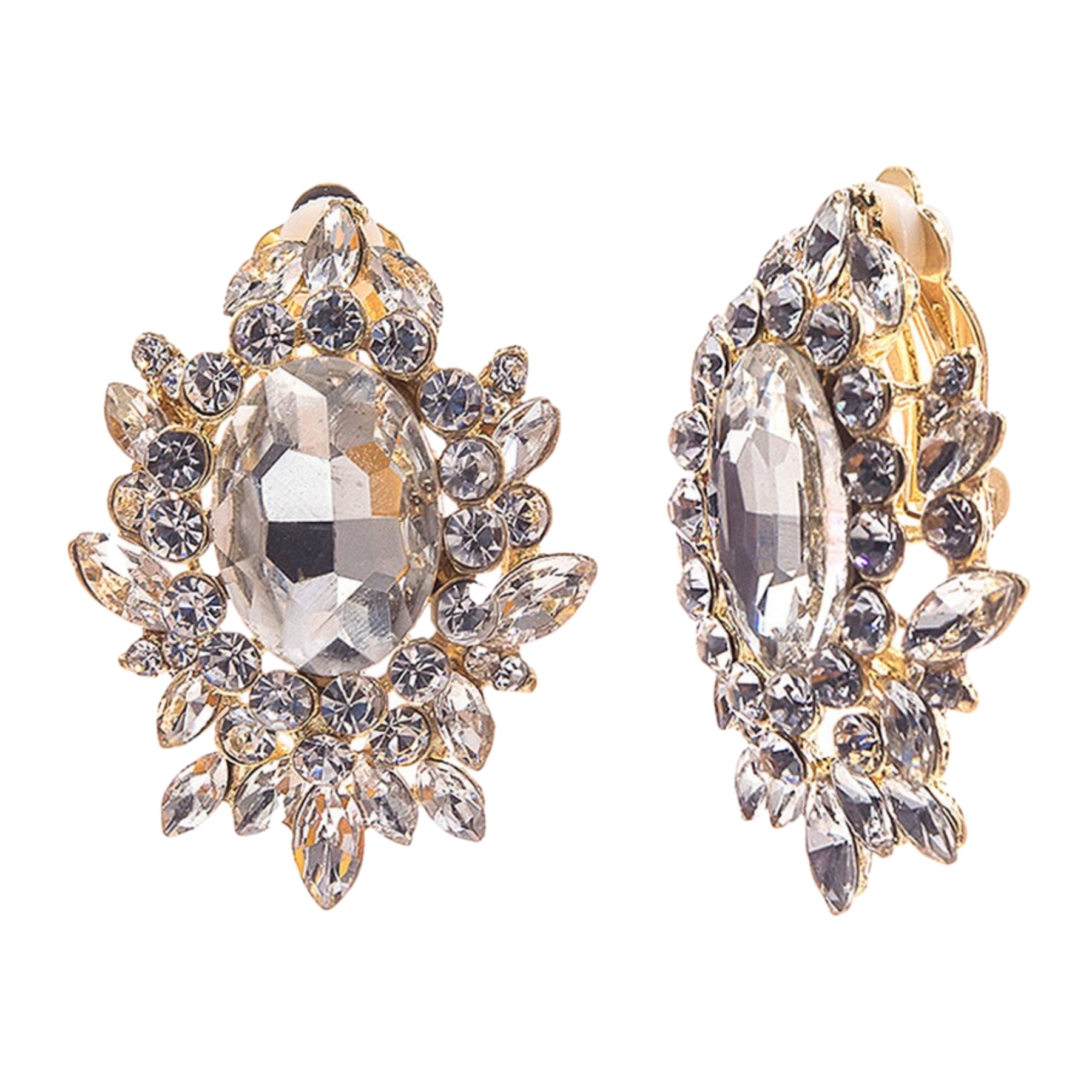 A pair of elegant rhinestone sunflower clip earrings, featuring sparkling stones and a beautiful floral design.