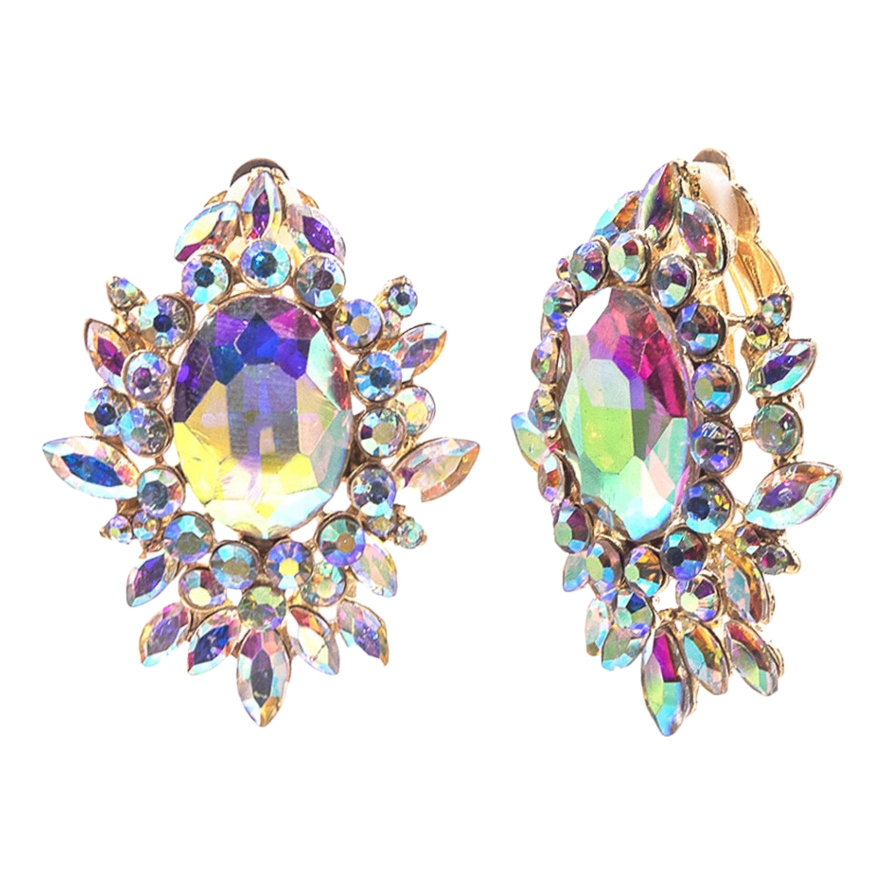 A pair of elegant rhinestone sunflower clip earrings, featuring sparkling stones and a beautiful floral design.