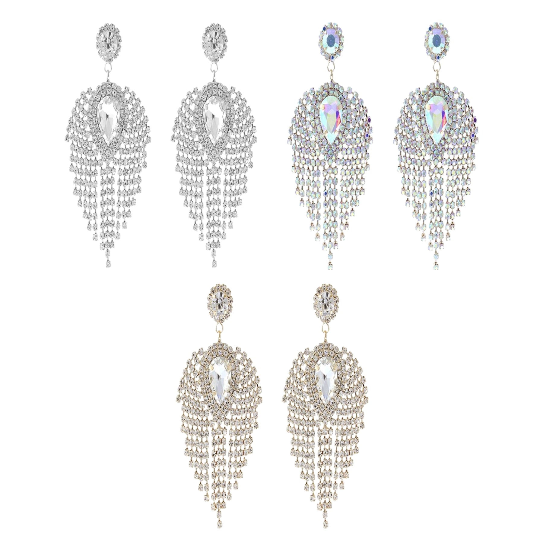 Elegant rhinestone teardrop center fringe earrings with sparkling details, perfect for evening wear.