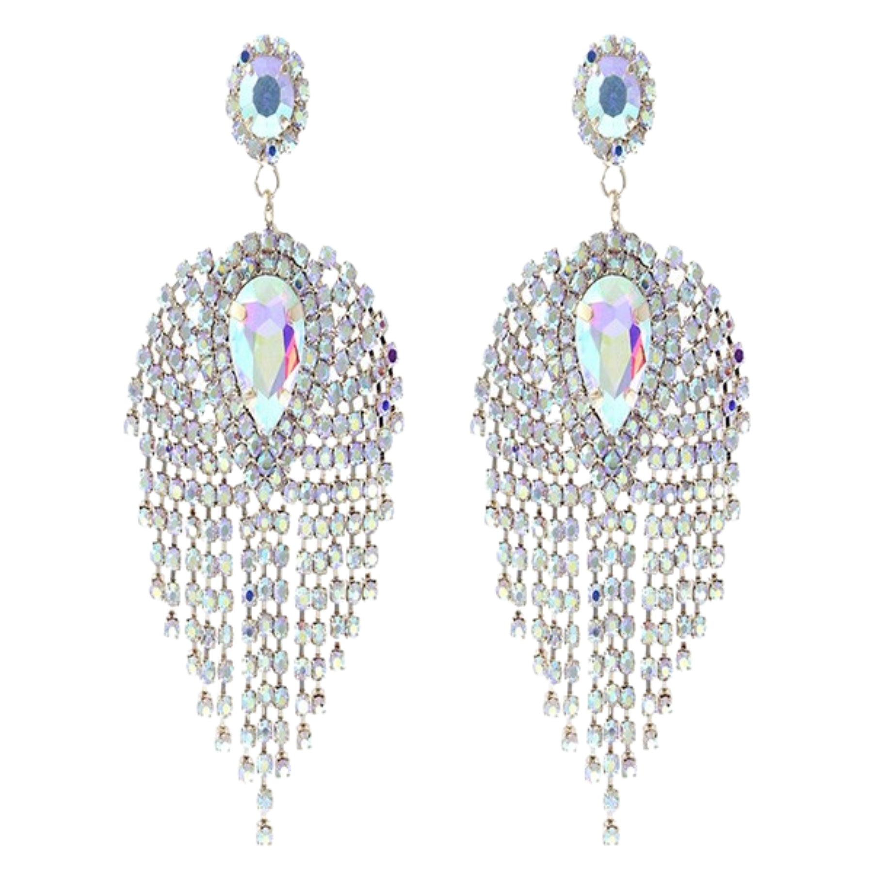 Elegant rhinestone teardrop center fringe earrings with sparkling details, perfect for evening wear.