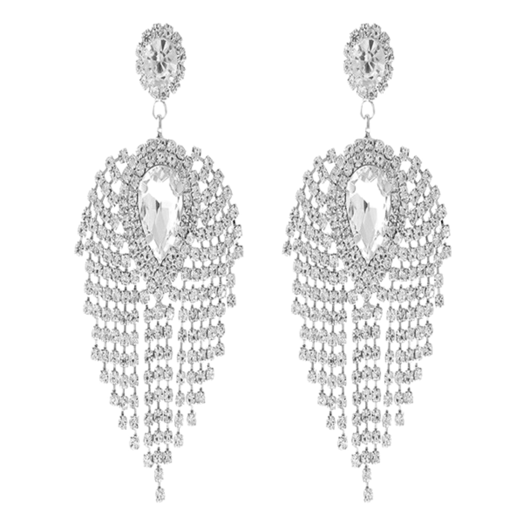 Elegant rhinestone teardrop center fringe earrings with sparkling details, perfect for evening wear.