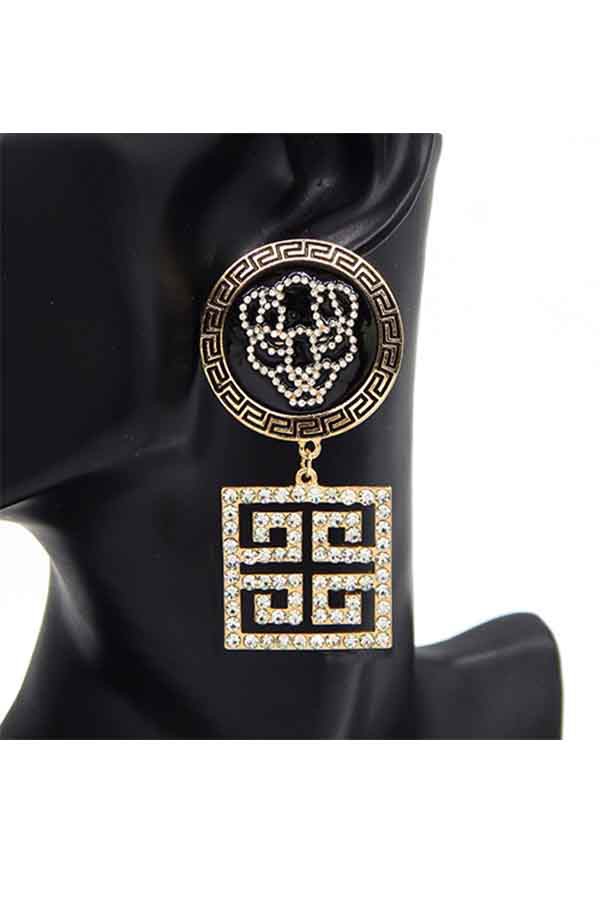 Rhinestone tiger earrings featuring a Greek key charm, showcasing a sparkling design with a post back closure.