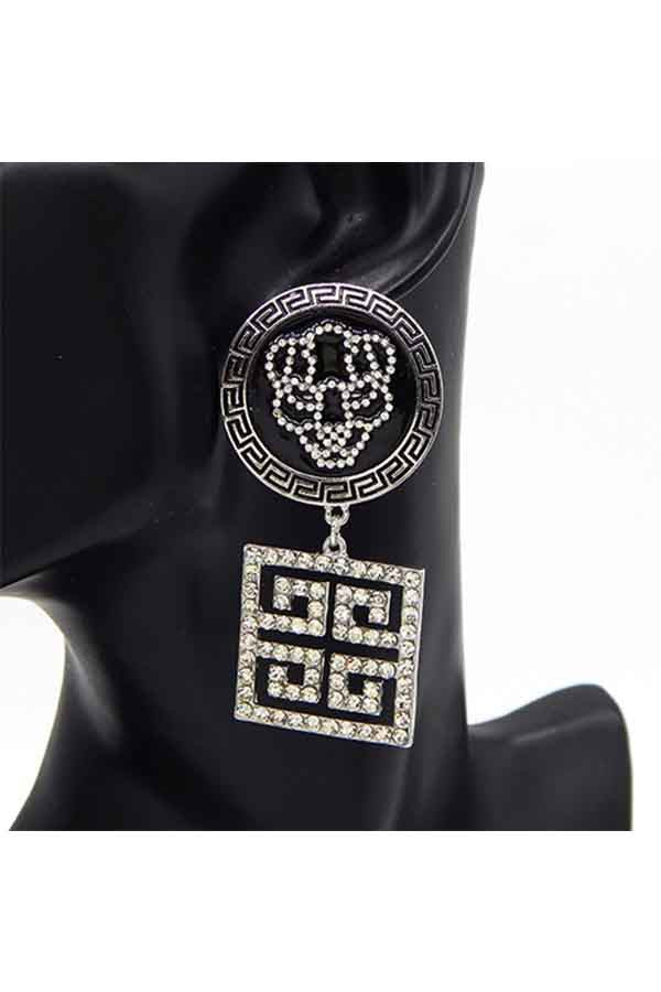 Rhinestone tiger earrings featuring a Greek key charm, showcasing a sparkling design with a post back closure.