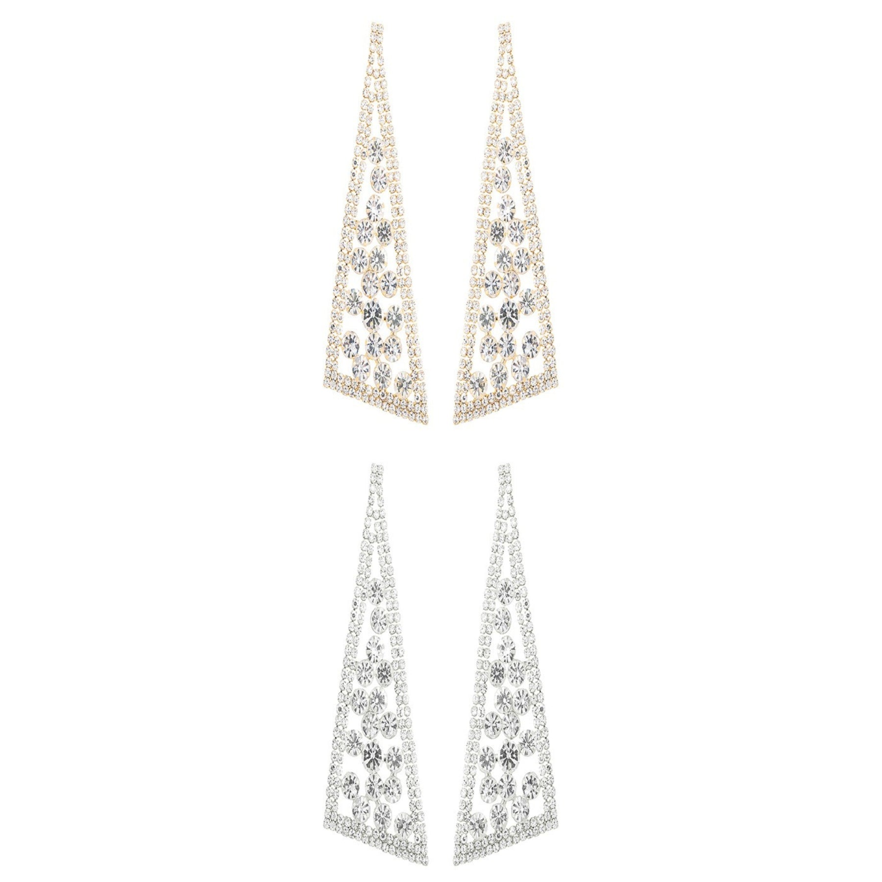 A pair of elegant rhinestone triangle statement earrings, showcasing a sparkling design with a post back for secure wear.