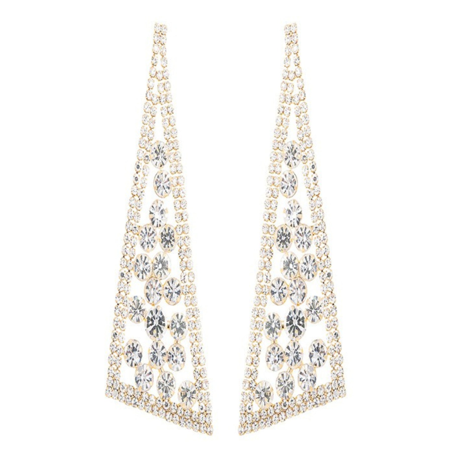 A pair of elegant rhinestone triangle statement earrings, showcasing a sparkling design with a post back for secure wear.