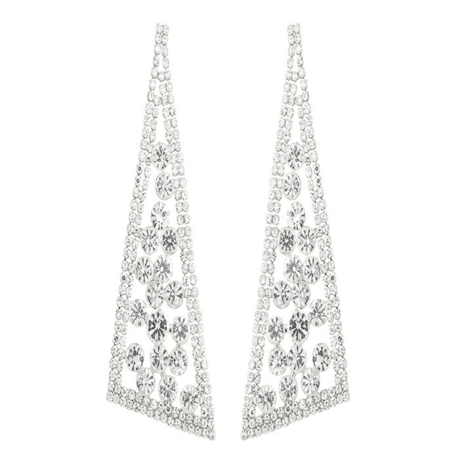 A pair of elegant rhinestone triangle statement earrings, showcasing a sparkling design with a post back for secure wear.